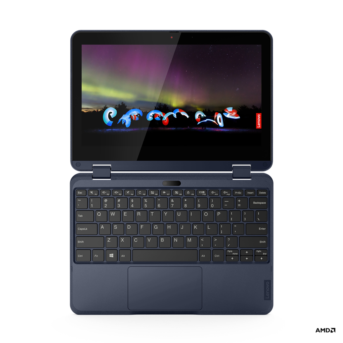 Ein blaues Lenovo-Laptop ist geöffnet und zeigt einen farbenfrohen Bildschirm mit einer Tastatur darunter. Der Hintergrund ist weiß.