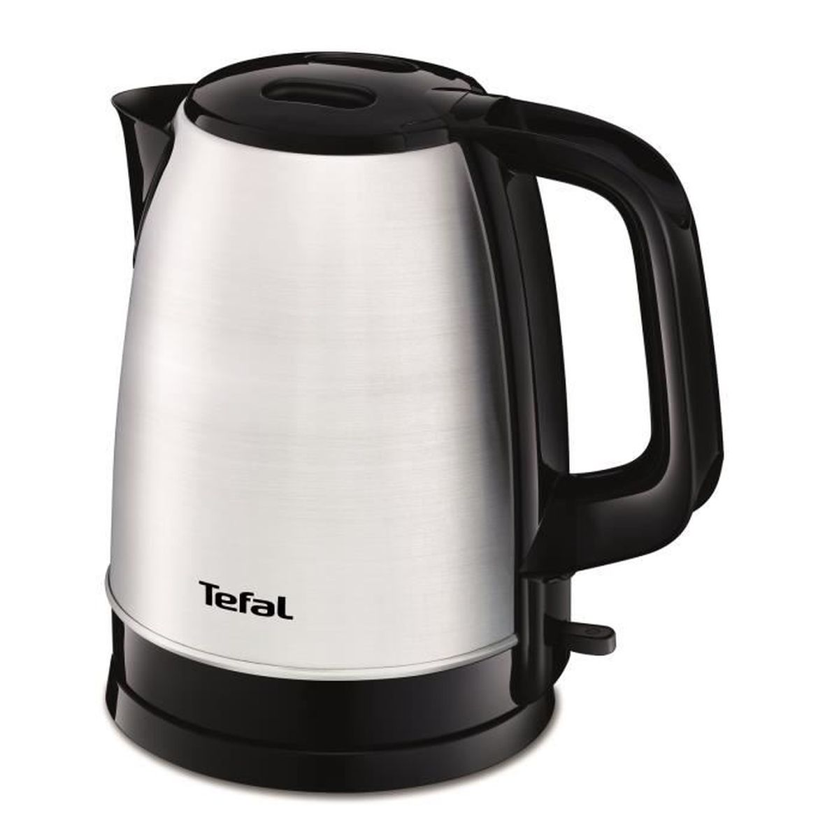 Ein silberner und schwarzer Wasserkocher auf schwarzem Sockel, mit dem Markennamen Tefal.