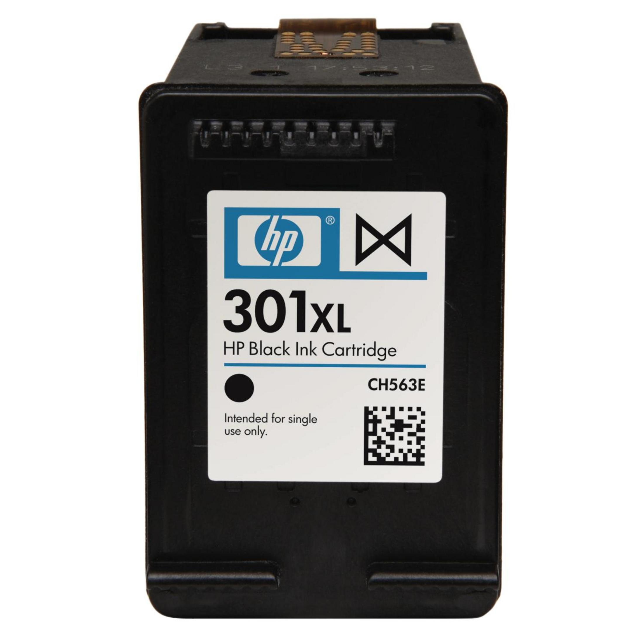 HP 301XL siyah mürekkep kartuşu, HP logosu ve QR kodu içeren bir etiketle.