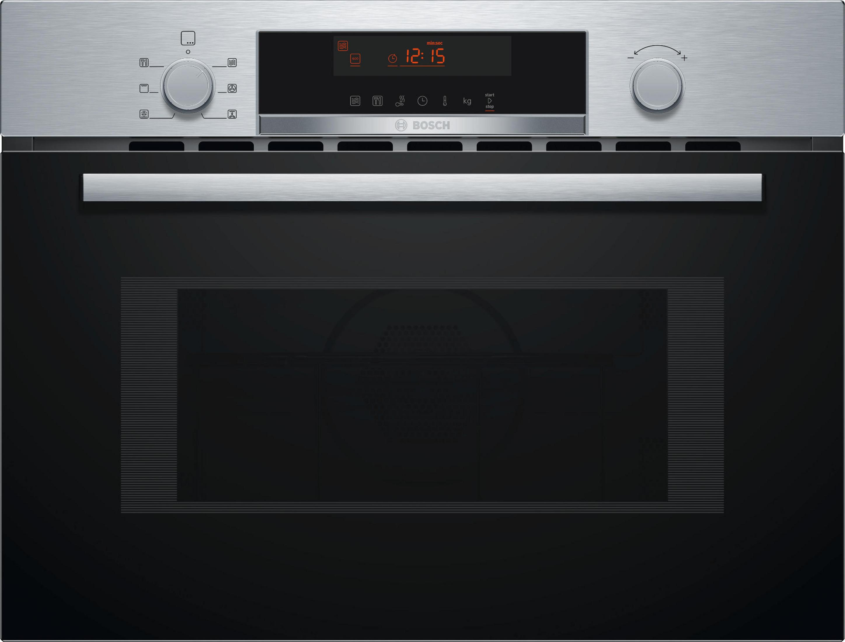 Stainless steel oven with a digital display and two control knobs. The glass door is black.