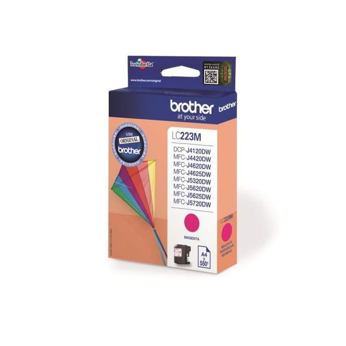 Box of Brother LC223M magenta ink cartridge. The box is orange and white.