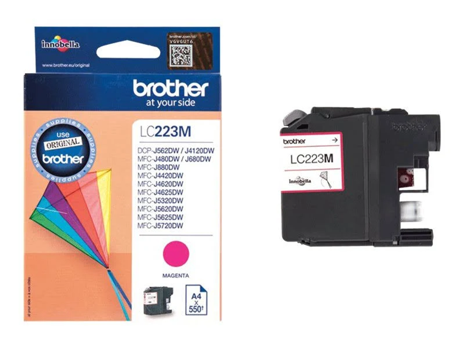 A Brother magenta ink cartridge and its packaging, showing the brand and model.