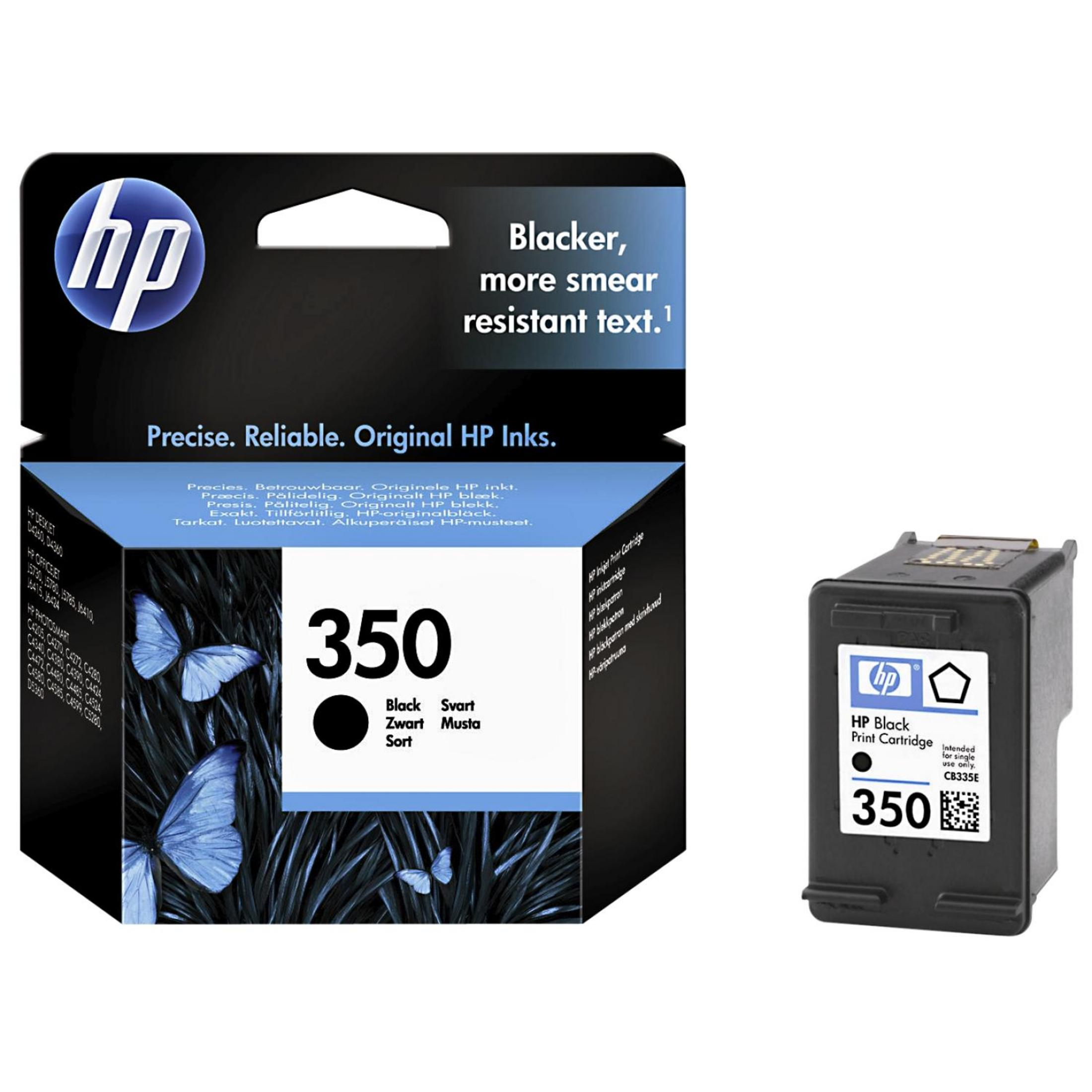 Een HP 350 zwarte inktcartridge doos en cartridge. Tekst: Zwarter, meer veegvaste tekst.