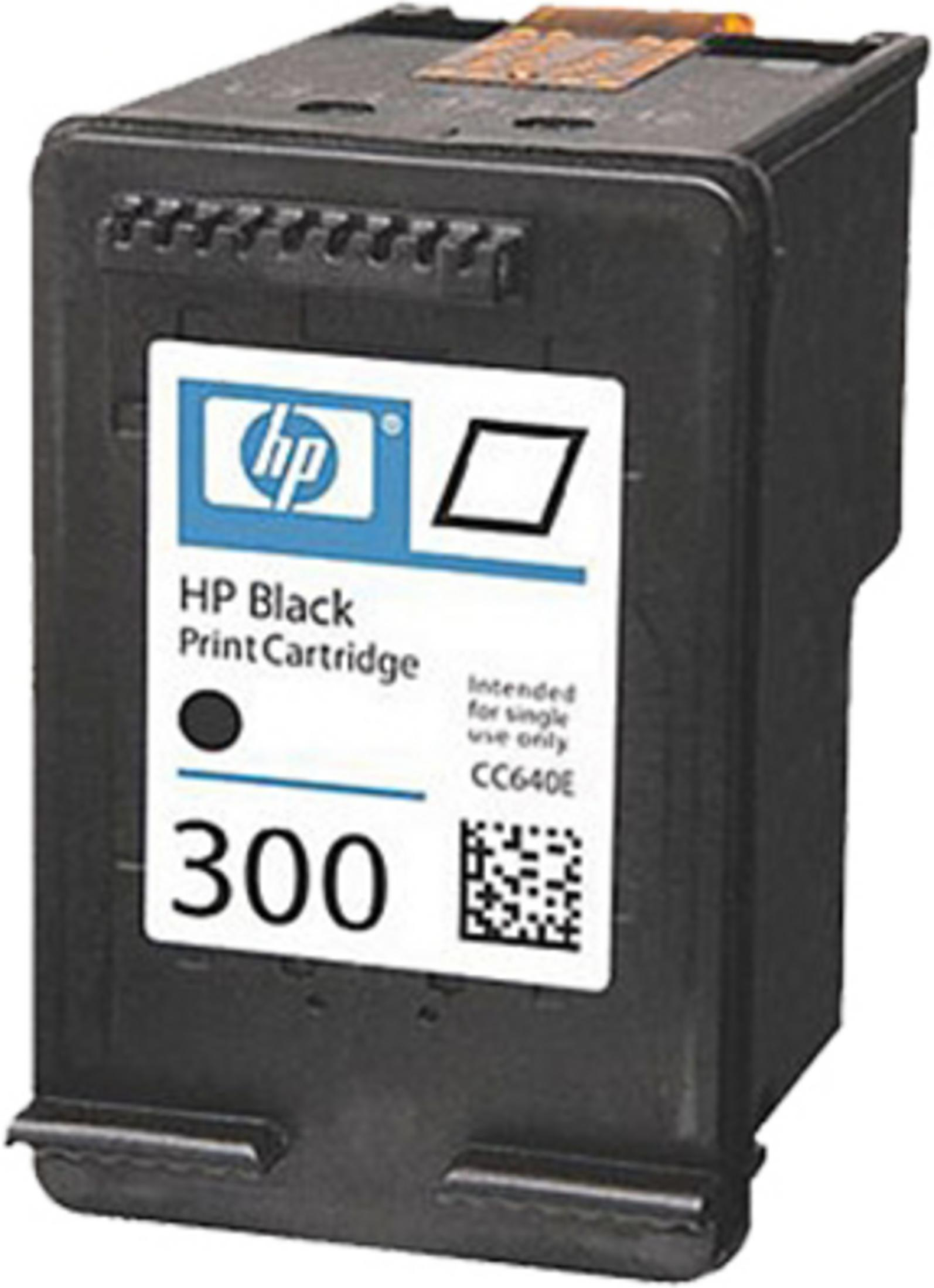 A black HP ink cartridge with the label 'HP Black Print Cartridge 300'.