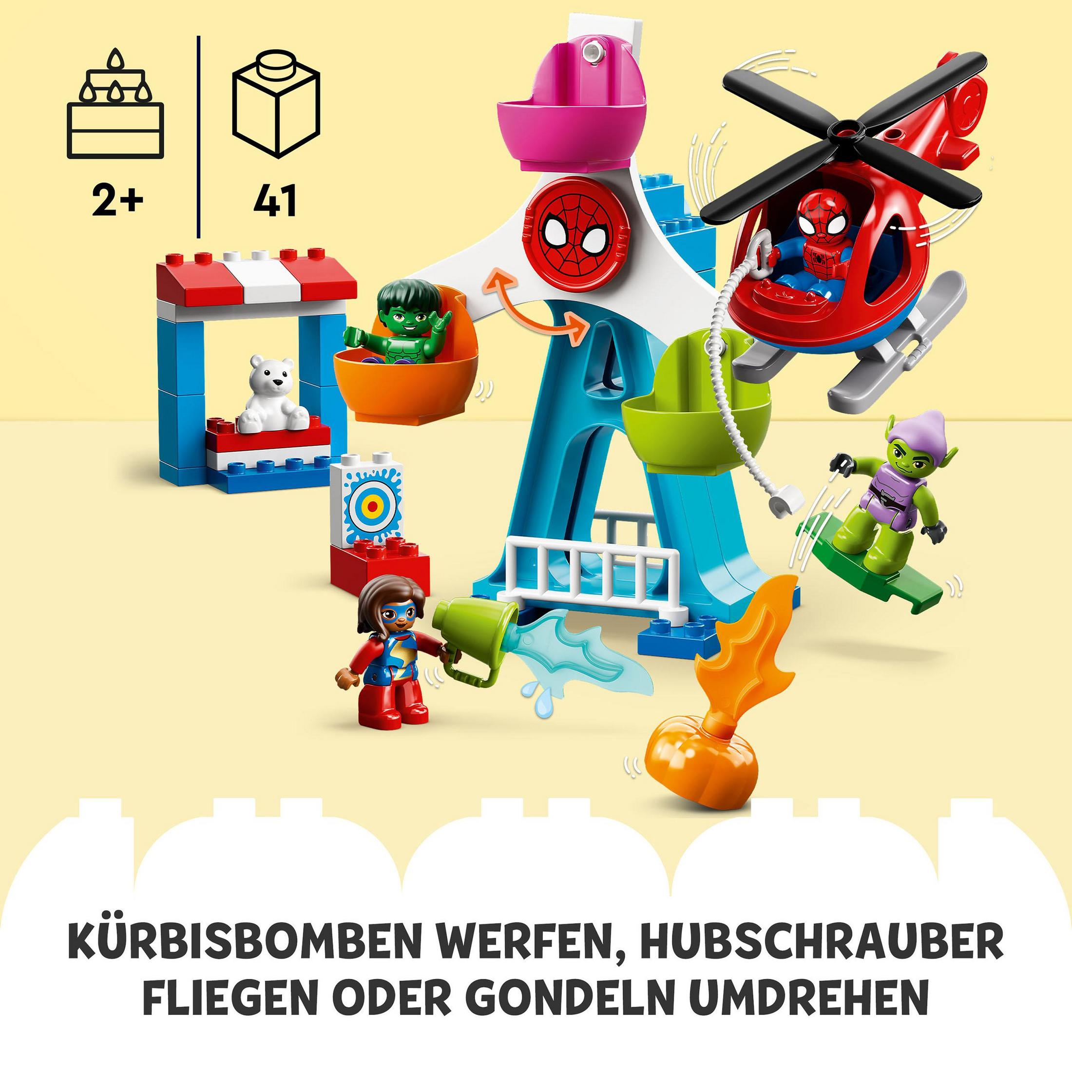 Ein Lego-Set mit einem Riesenrad, Hubschrauber und verschiedenen Marvel-Charakterfiguren.