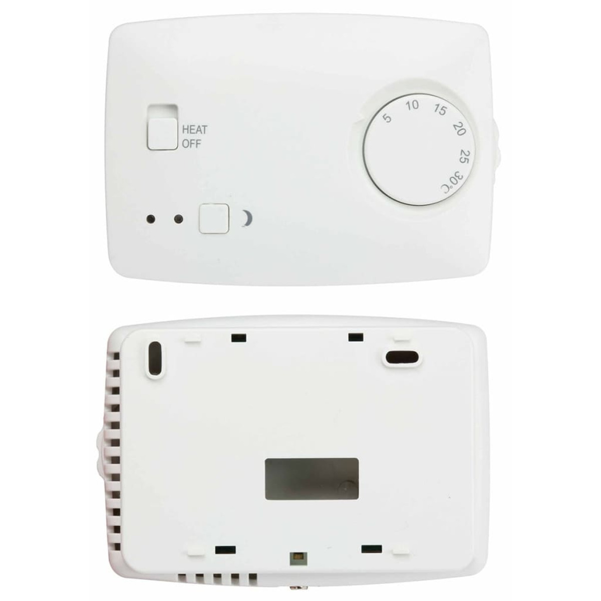 Ein weißer Thermostat. Es hat ein Zifferblatt, Knöpfe und ein kleines Display. Die Rückseite ist ebenfalls sichtbar.