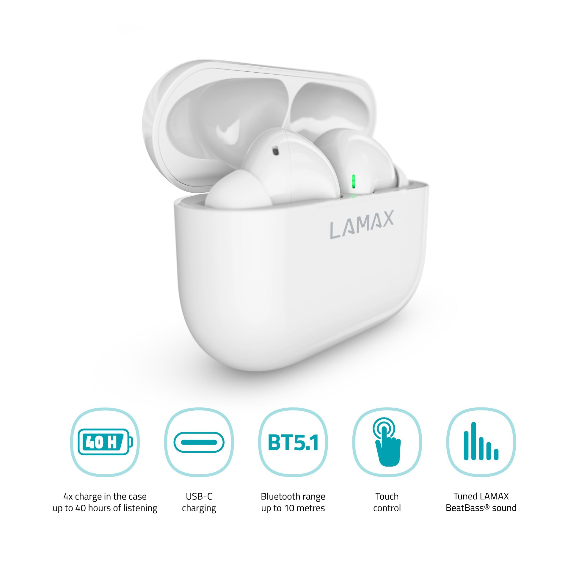Weiße Ohrhörer in einem Ladeetui. Es hat Lade-, Hör- und Bluetooth-Anzeigen.
