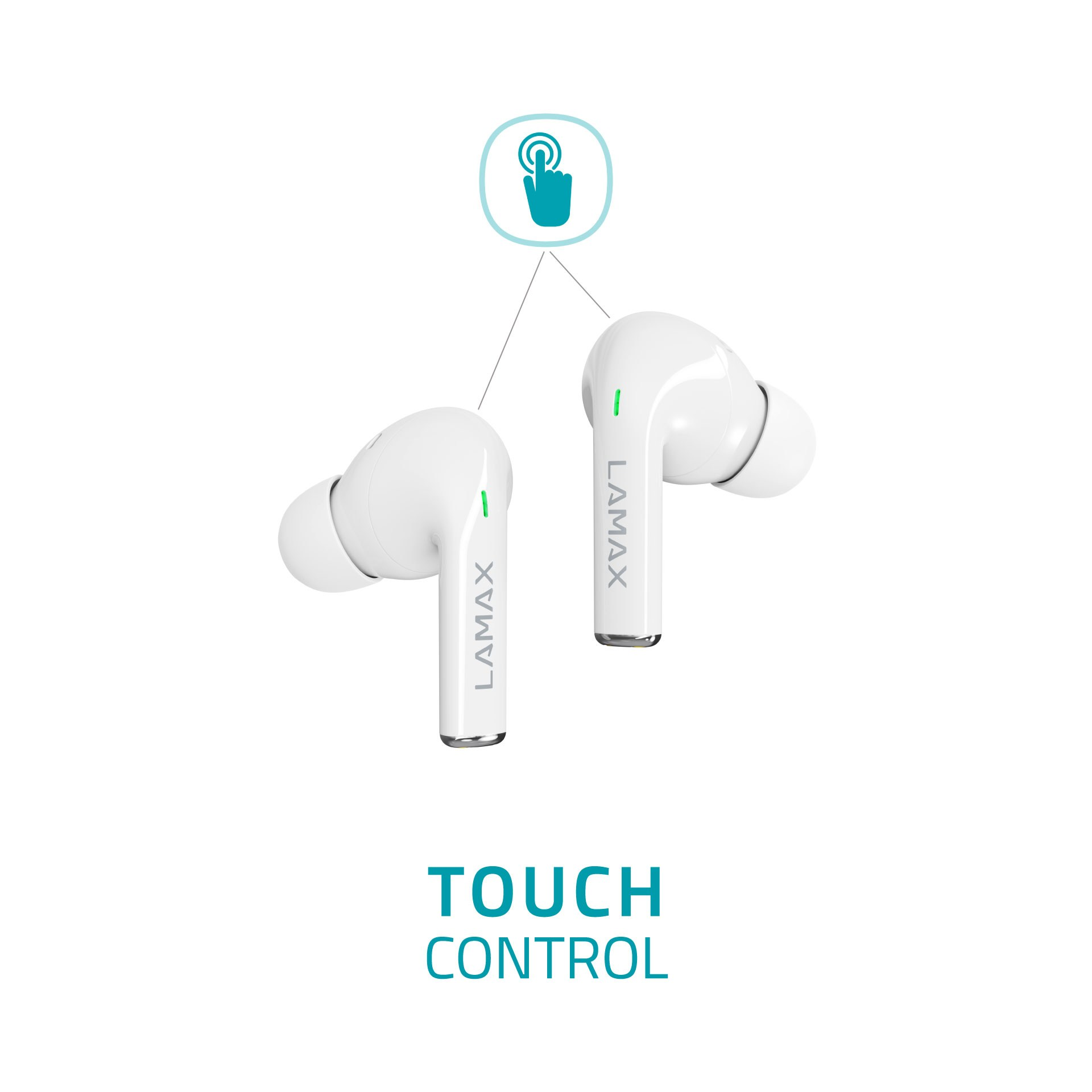 Weiße kabellose Ohrhörer mit dem Wort LAMAX und einem Touch-Control-Symbol.