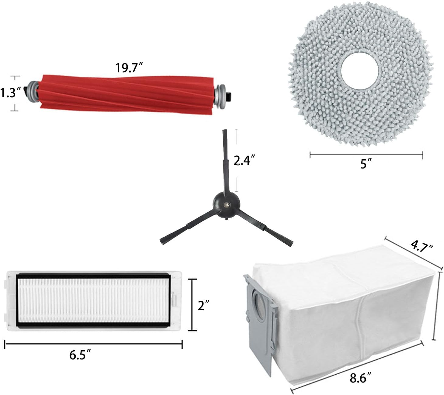Części robota odkurzającego: szczotka walcowa, worek na kurz, szczotka boczna, filtr i mop.