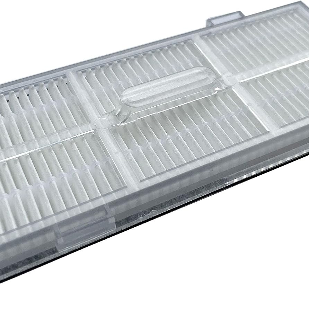 Biały filtr powietrza do oczyszczacza powietrza, z uchwytem i przezroczystą plastikową ramą.