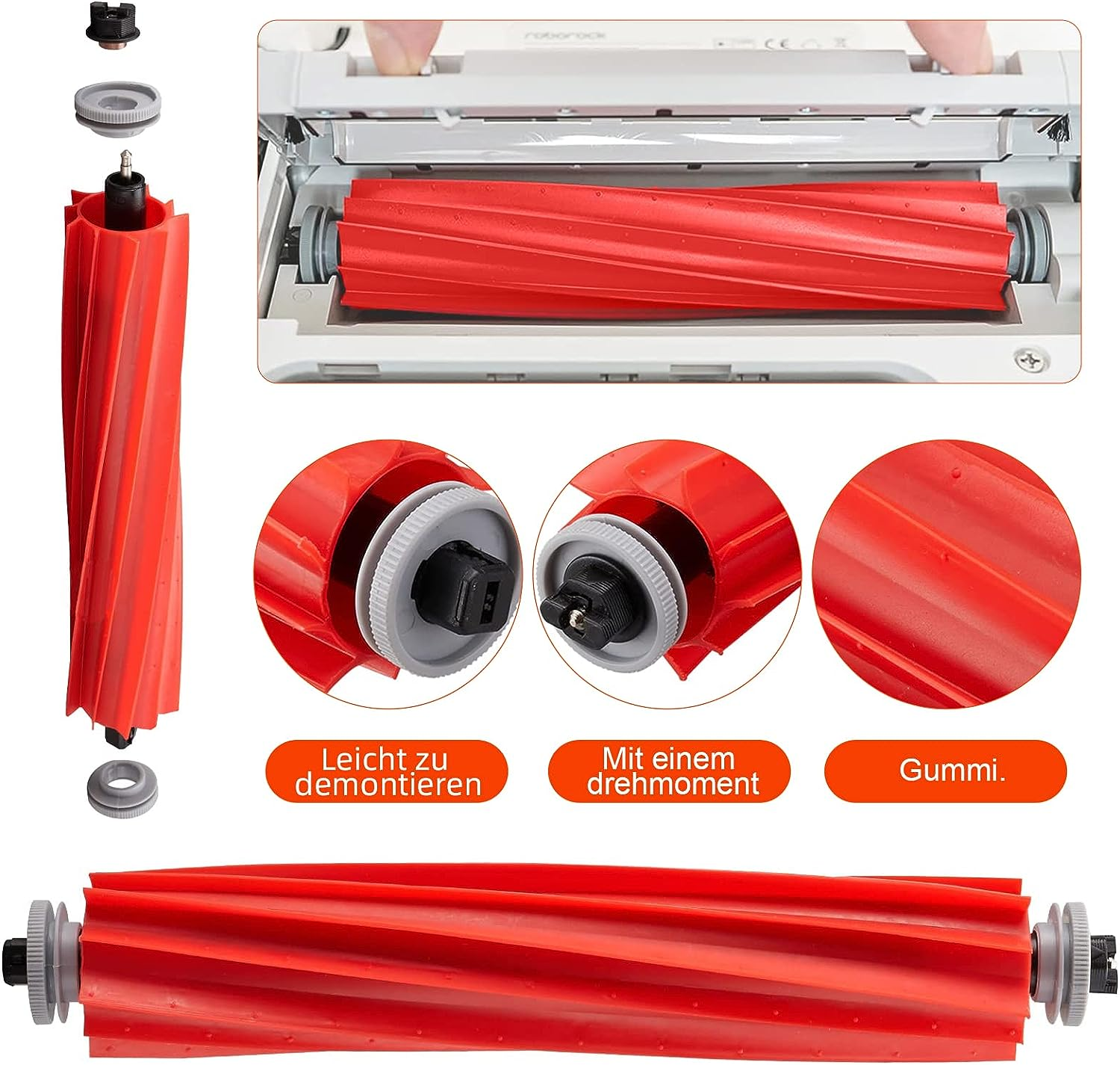 Części robota sprzątającego, w tym szczotki, z niemieckim tekstem: 'Łatwy w demontażu'.