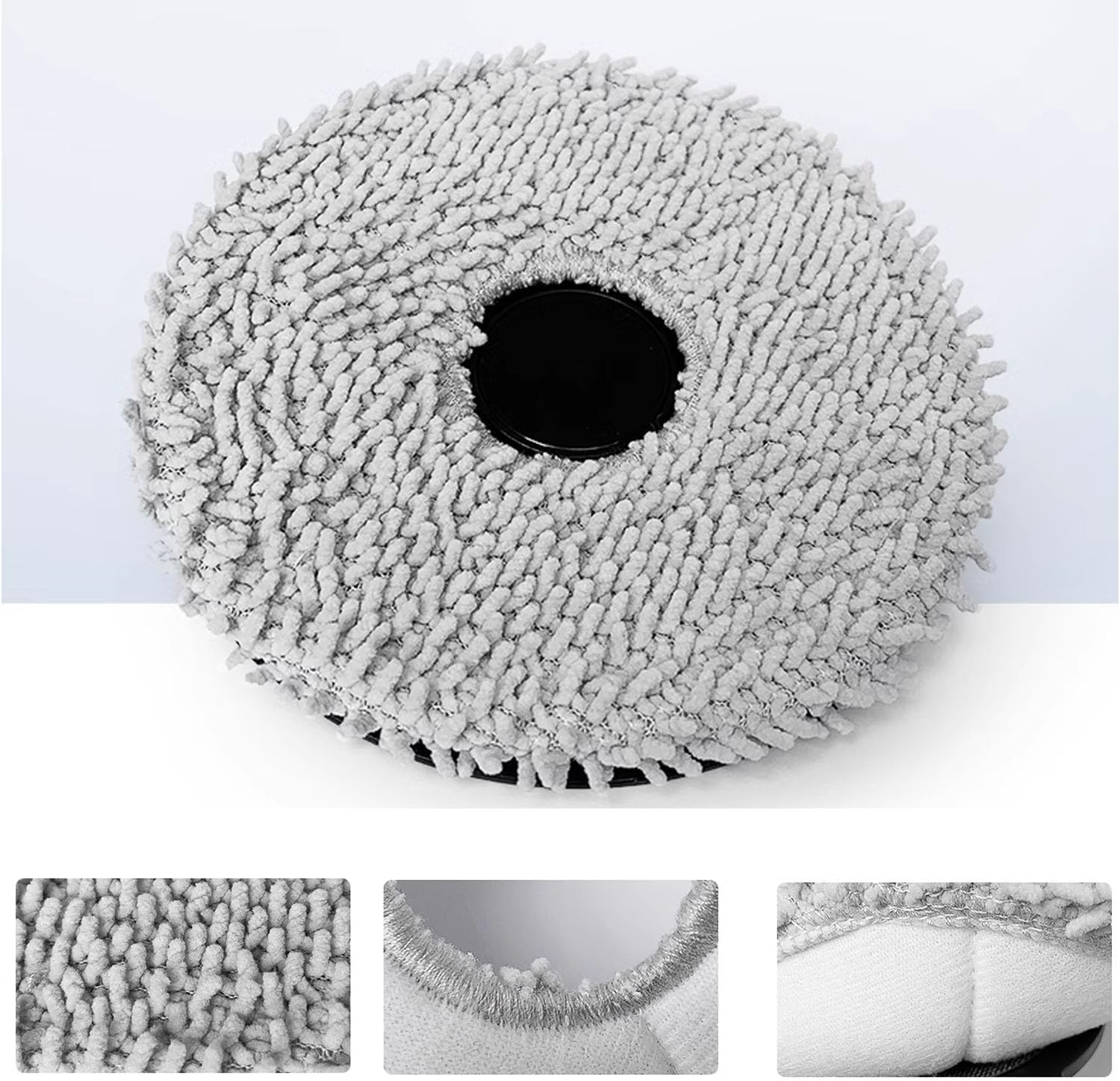 Szara głowica mopa z mikrofibry, okrągła z centralnym otworem. Krótkie włókno, białe tło.