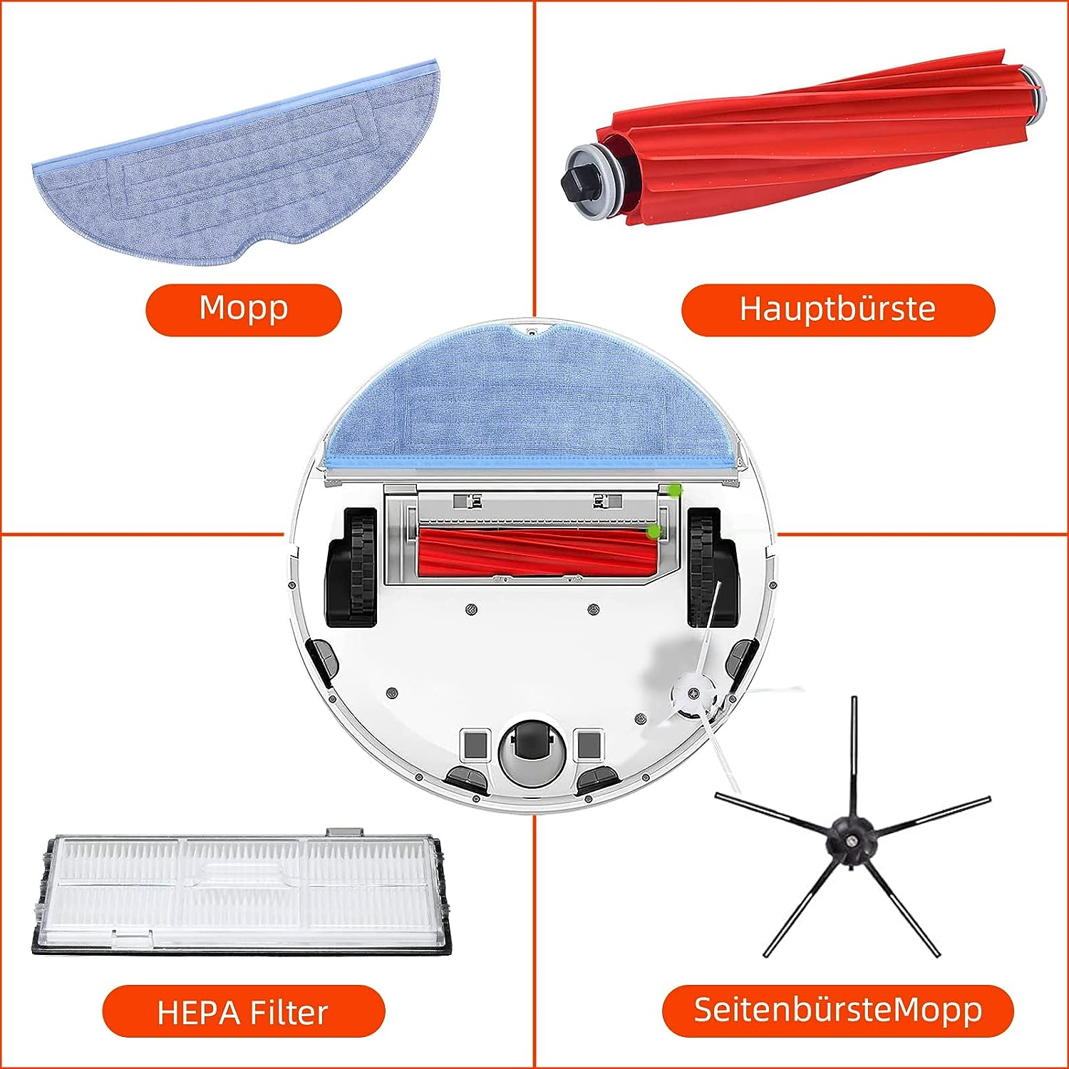 Części robota odkurzacza: mop, szczotka, filtr i szczotka główna, ułożone na białym tle.