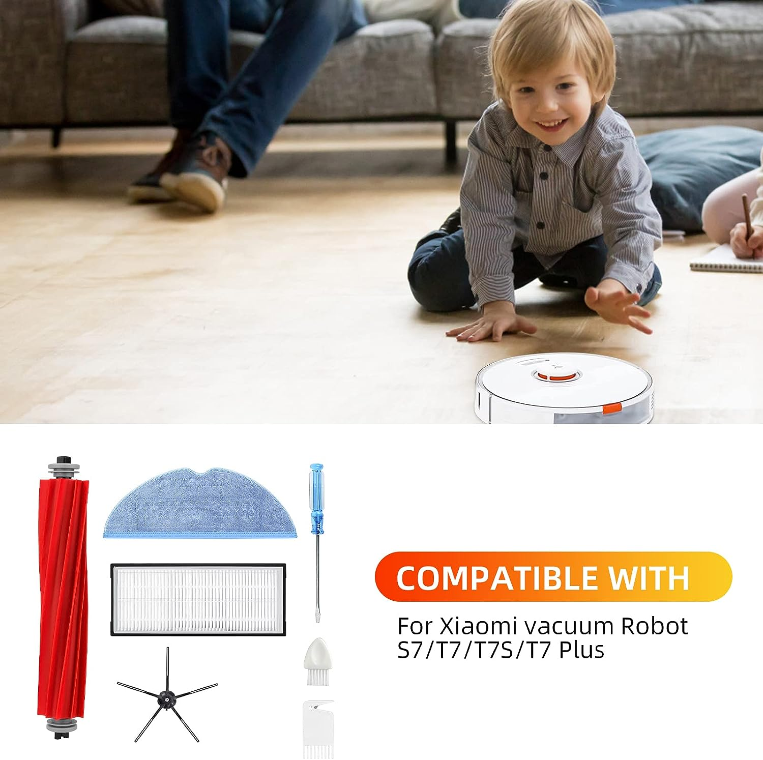 Robot odkurzający na podłodze. Obecne jest również dziecko i akcesoria.