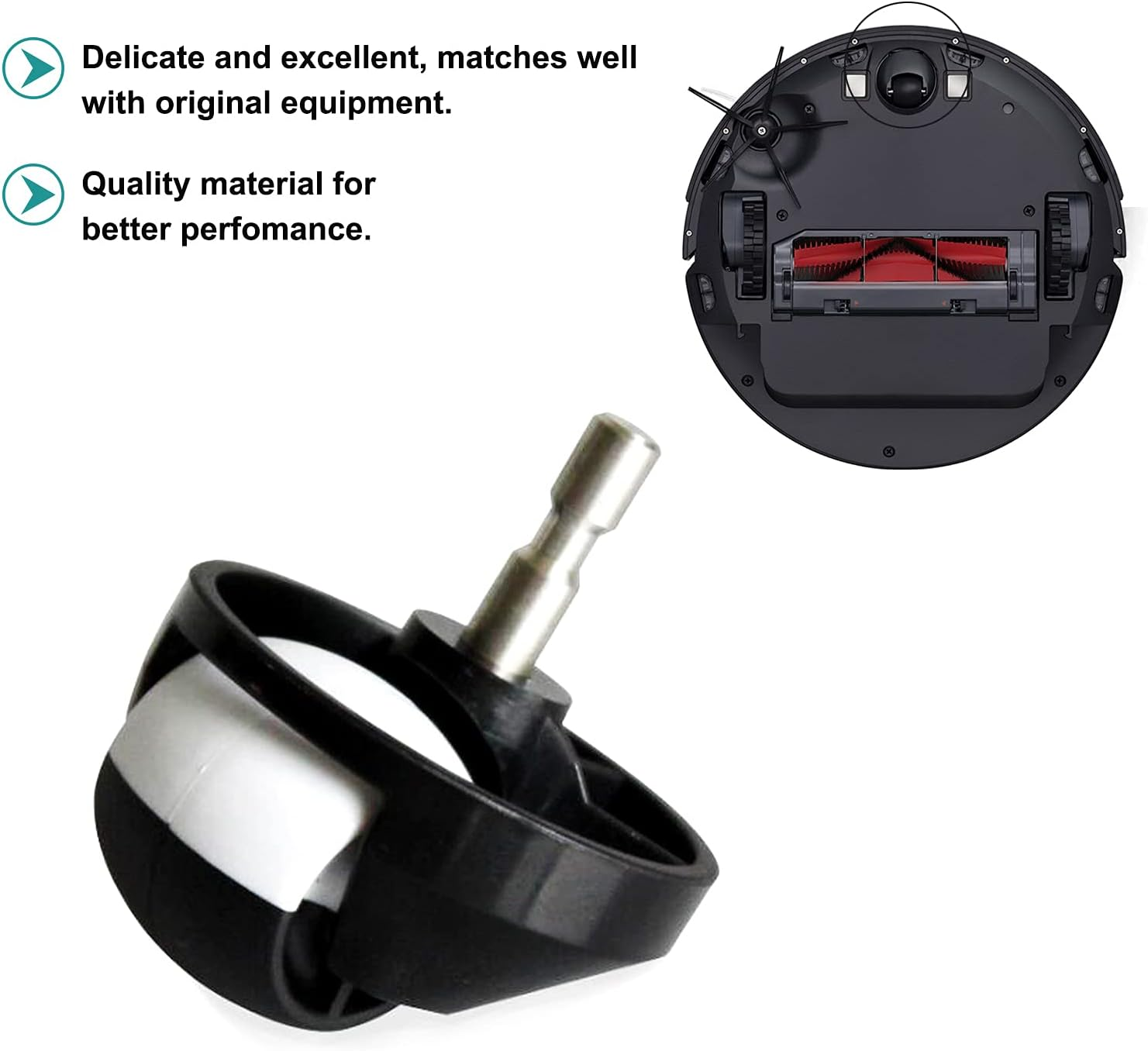 Części robota sprzątającego: czarne koło i spód odkurzacza.