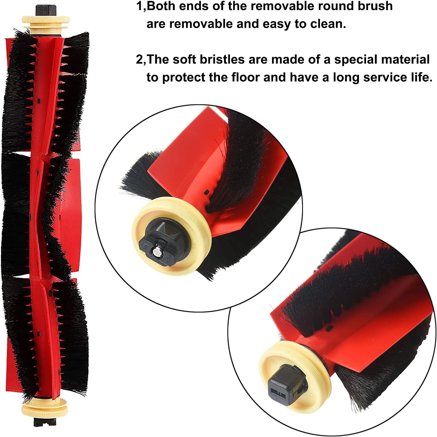 Szczotka do robota odkurzającego, czerwona z czarnym włosiem. Dwa zbliżenia.