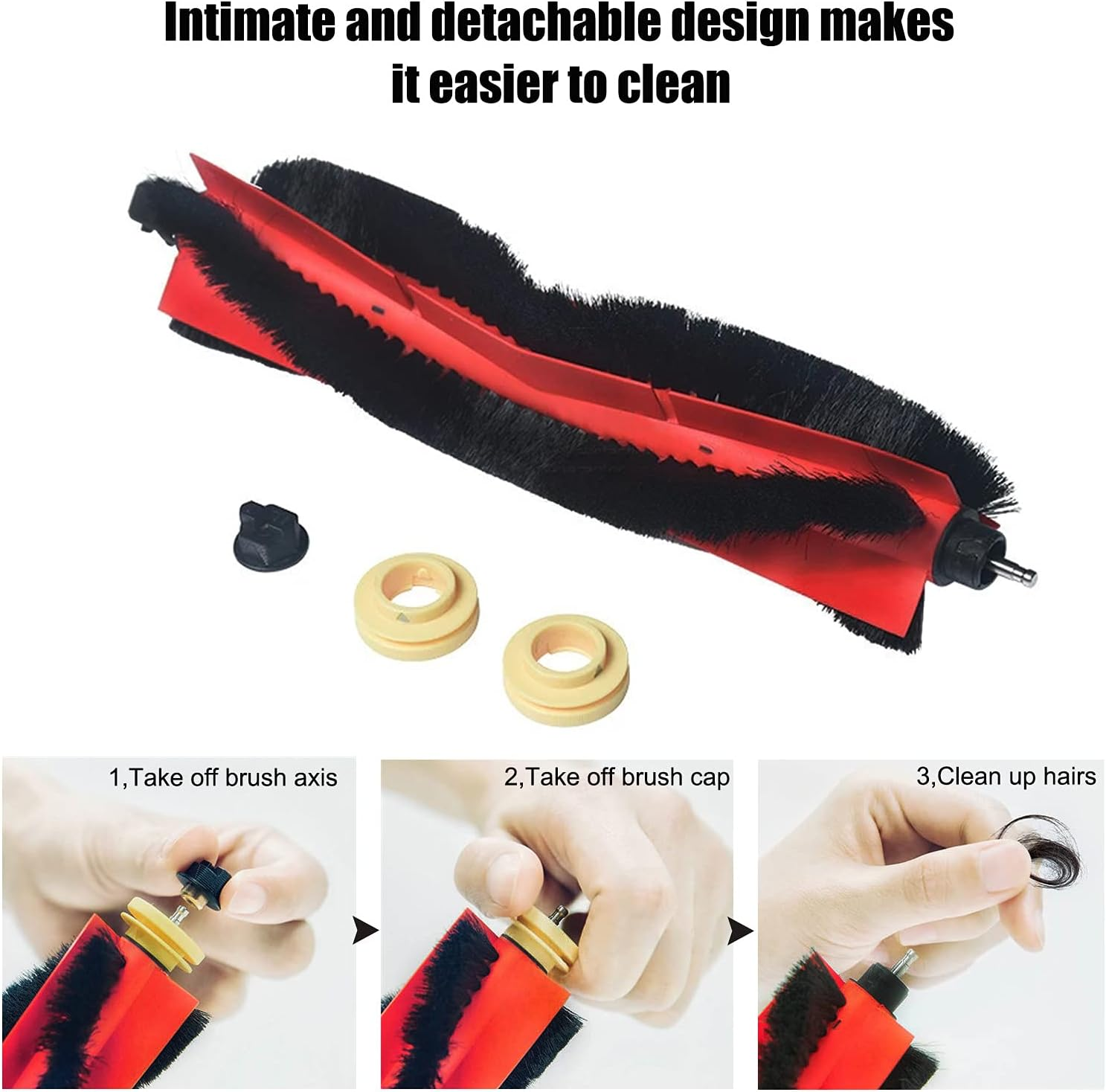 Szczotka do robota sprzątającego, ze pokazanymi krokami demontażu.