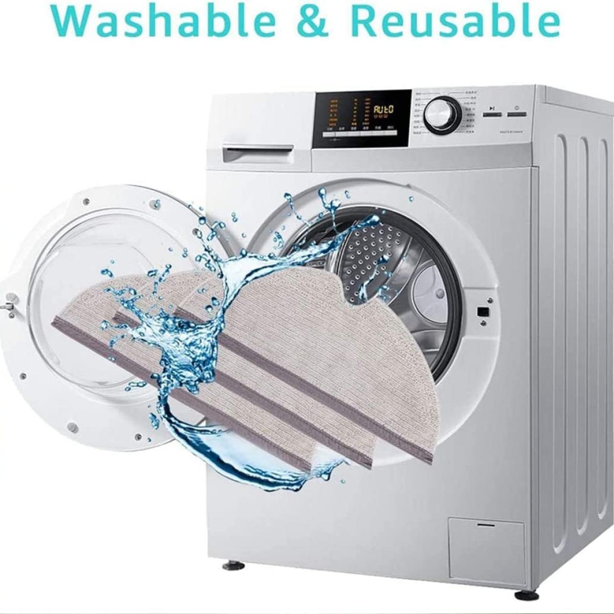 Pralka z otwartymi drzwiami. W środku dwie szare podkładki. Tekst brzmi Washable & Reusable.