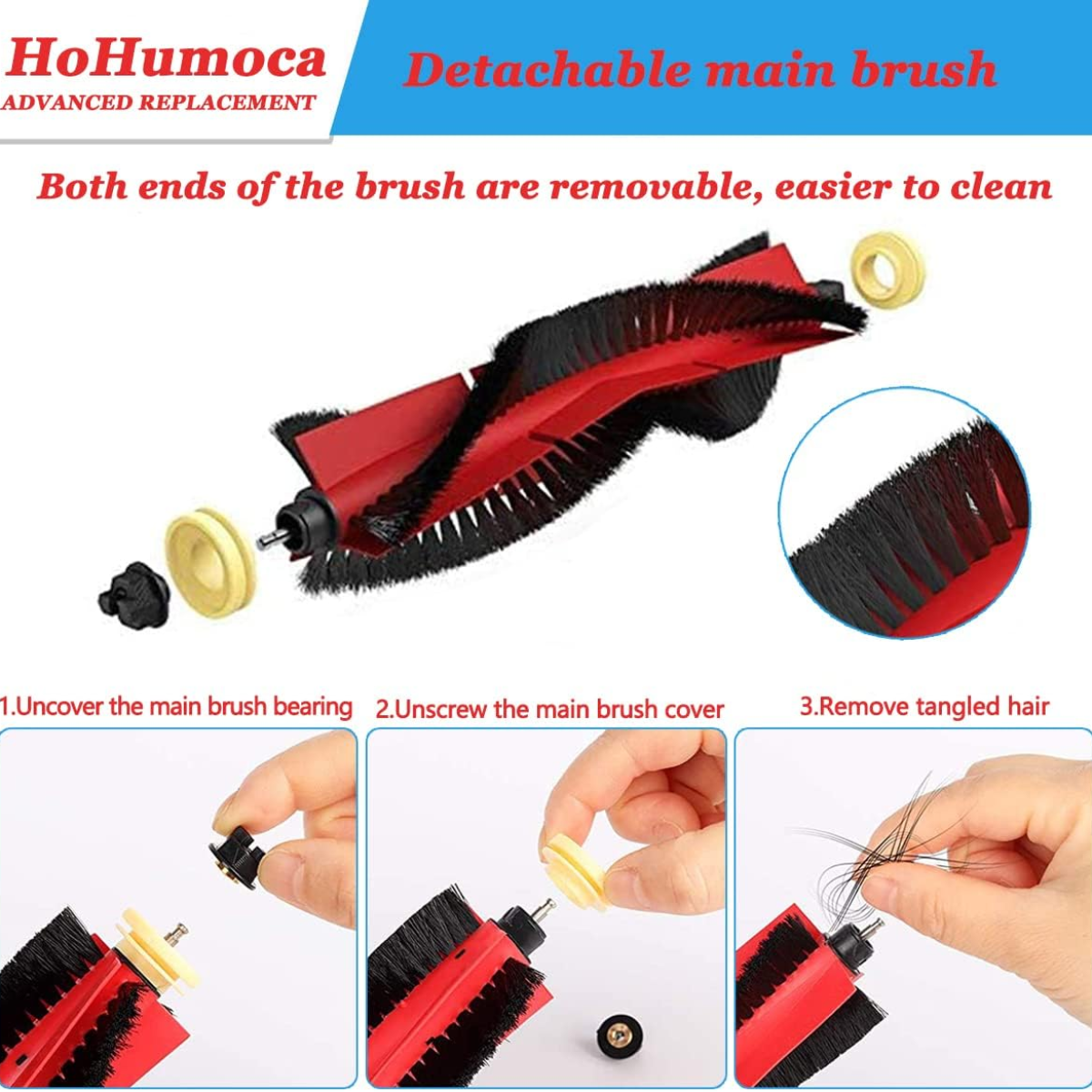 Szczotka do odkurzacza z instrukcją demontażu: usuń łożysko, pokrywę i włosy.