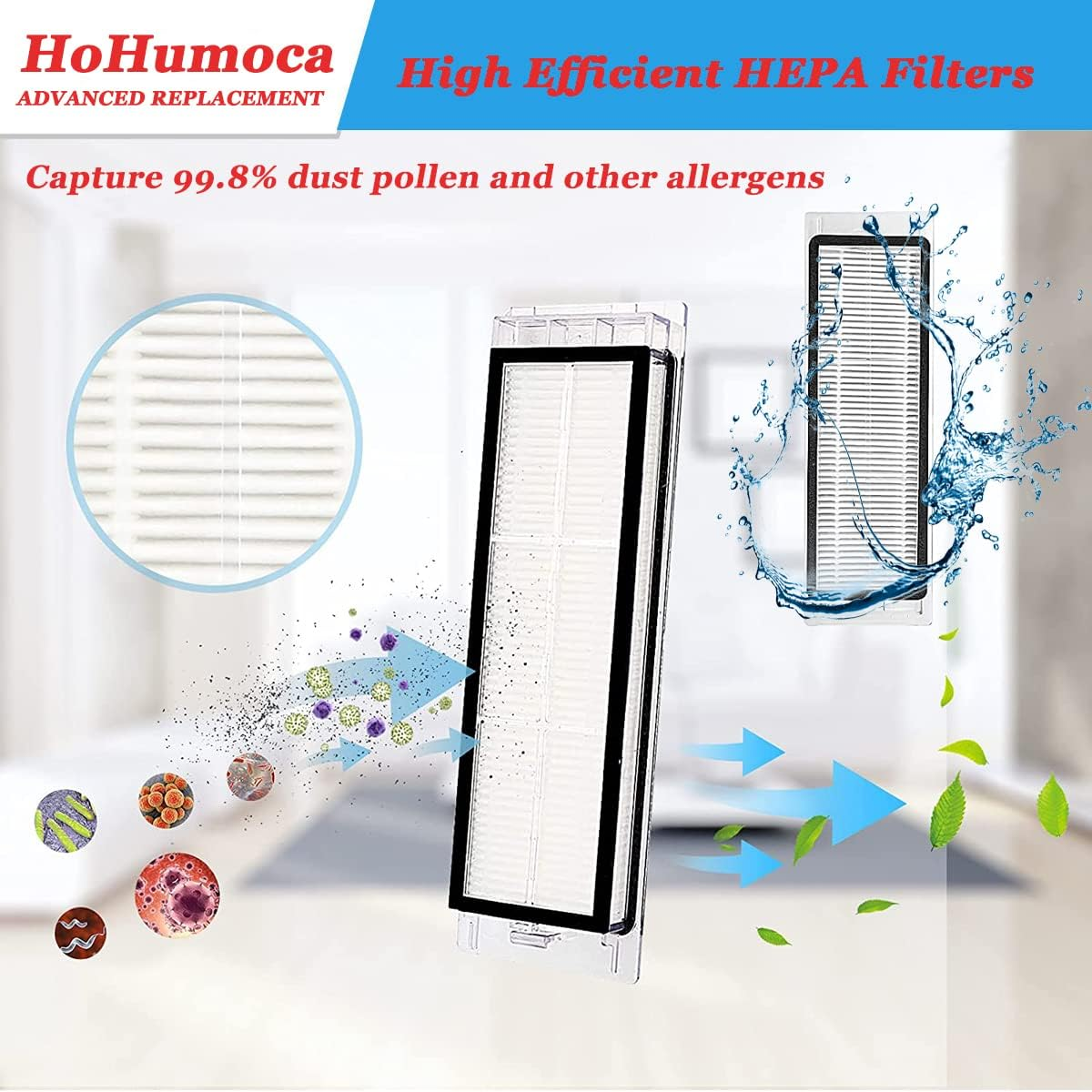 Filtr HEPA z tekstem i ilustracjami dotyczącymi oczyszczania powietrza. Jest na białym tle.