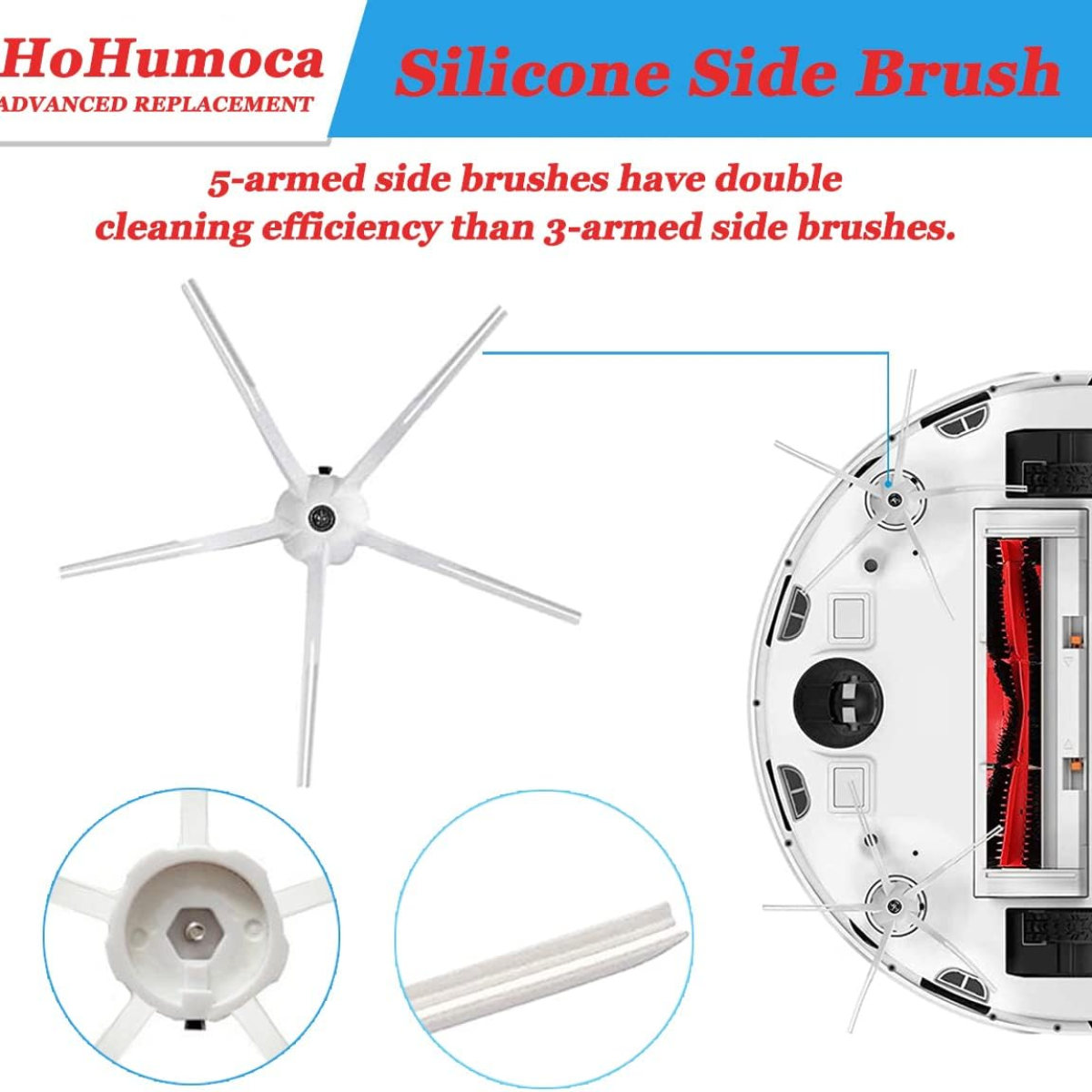 Pokazano biały odkurzacz automatyczny i jego szczotkę boczną. Szczotka ma 5 ramion. Tekst mówi, że ma podwójną skuteczność czyszczenia.