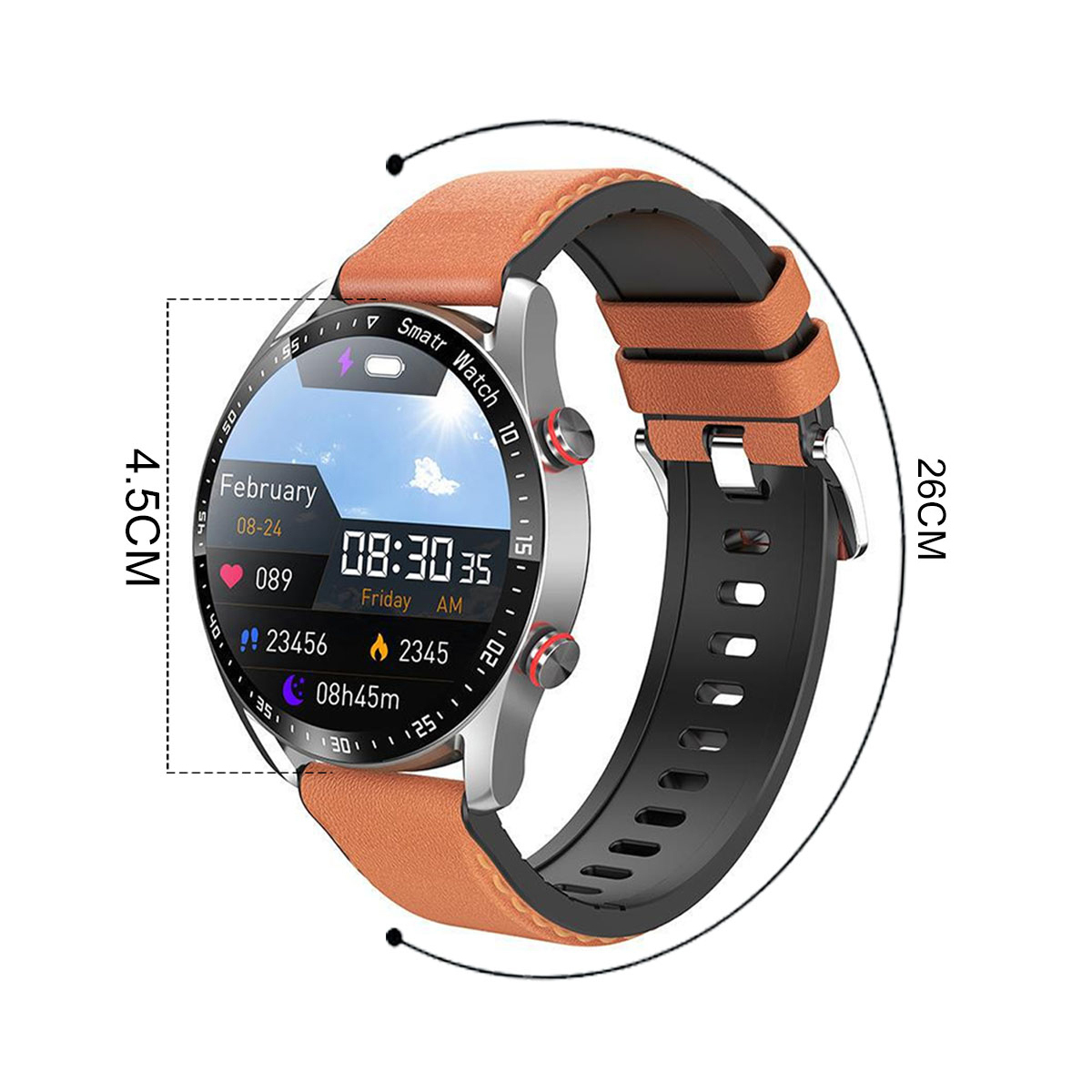 Smartwatch mit braunem Lederarmband. Das Display zeigt Datum und Uhrzeit. Abmessungen werden gezeigt.