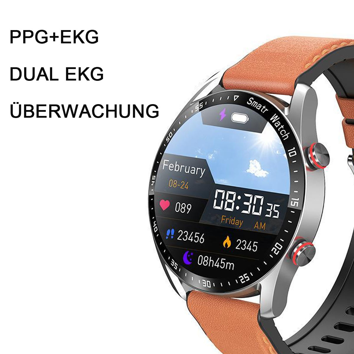 Smartwatch am Handgelenk, zeigt Zeit und Gesundheitsdaten. Lederarmband. Schwarz-Silber-Design.