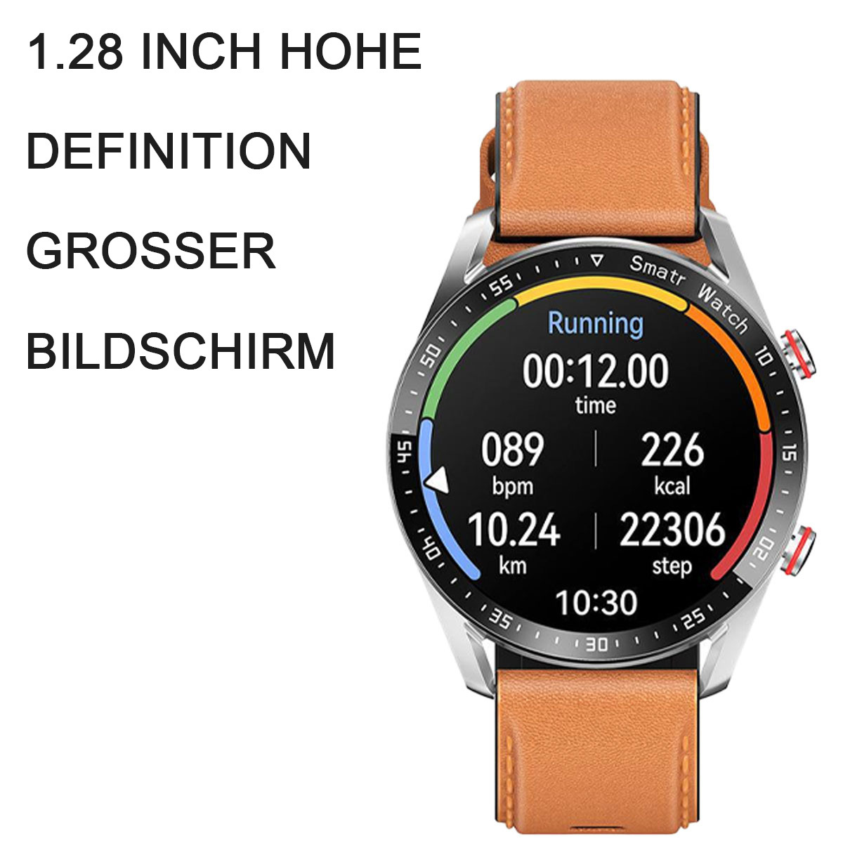 Smartwatch mit braunem Armband, zeigt Zeit, Herzfrequenz und andere Gesundheitsdaten an. Zahlen sind sichtbar.