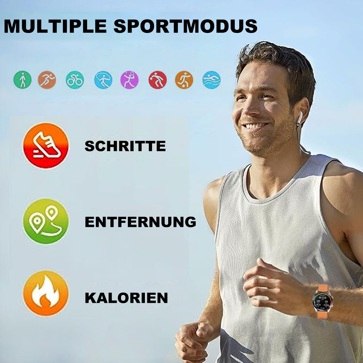 Mann beim Laufen, Smartwatch tragend, mit Symbolen für verschiedene Sportmodi und Metriken.