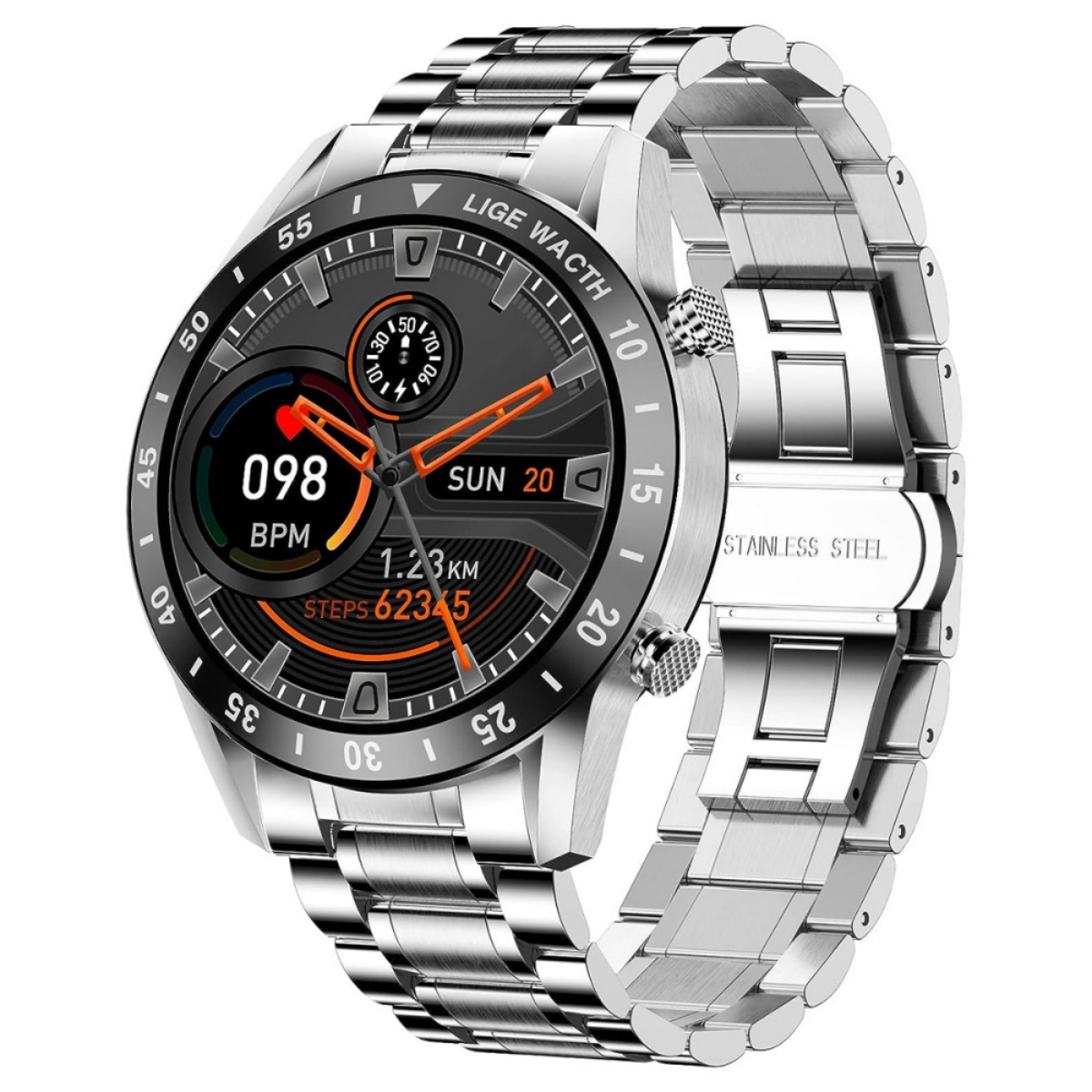 Eine silberne Smartwatch mit schwarzem Display. Es hat ein Edelstahlarmband. Der Bildschirm zeigt Gesundheitsmetriken.