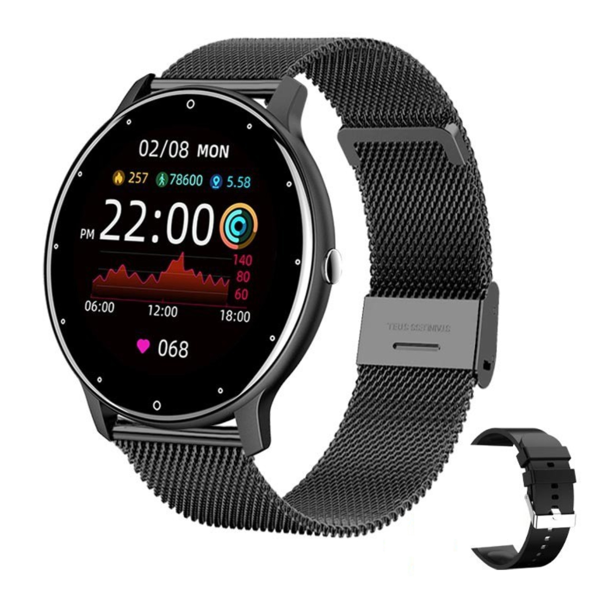 Schwarze Smartwatch mit schwarzem Mesh-Armband und extra schwarzem Band. Uhr zeigt Zeit, Datum und Gesundheitsdaten.