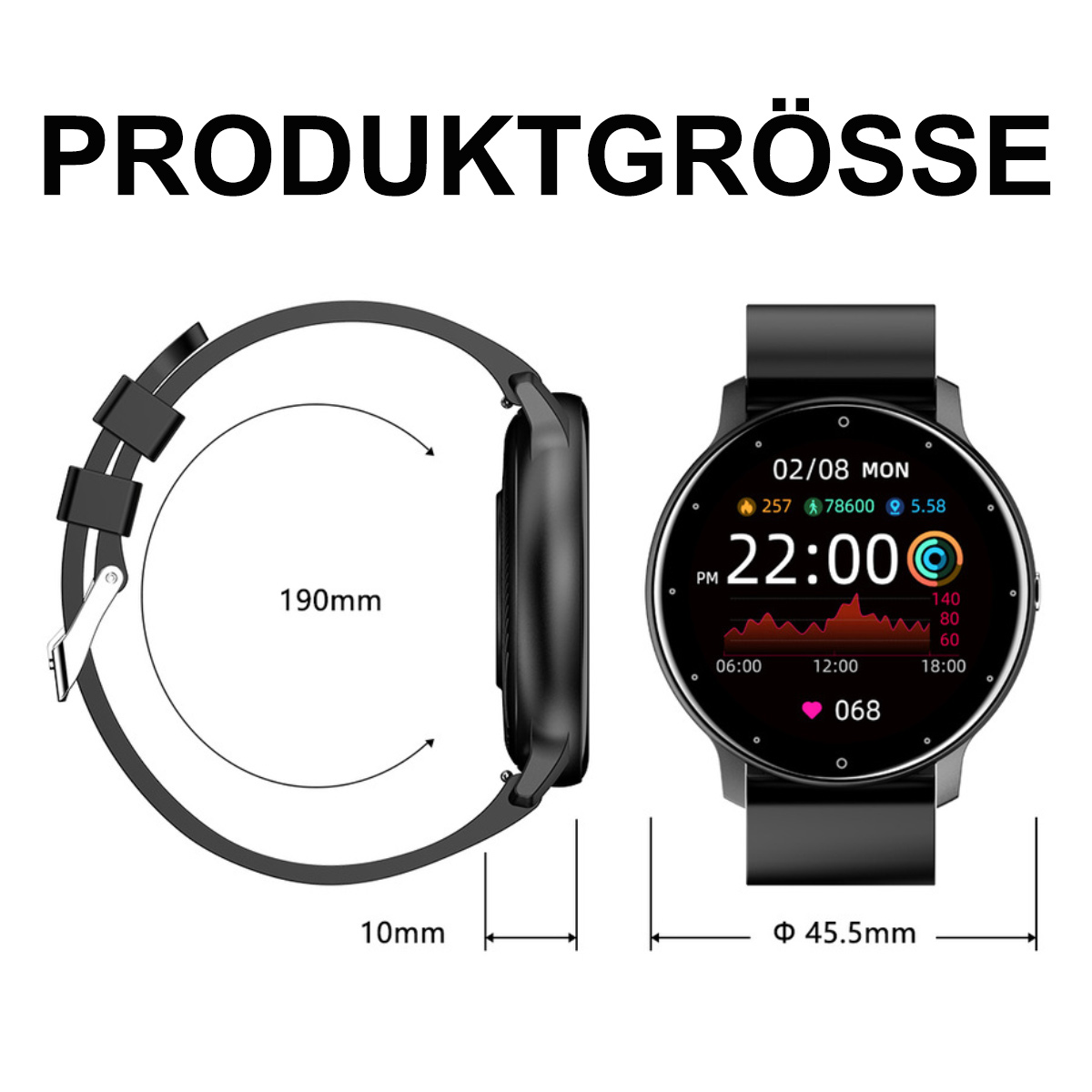 Smartwatch mit schwarzem Armband. Das Zifferblatt zeigt Zeit, Herzfrequenz und Schritte. Text: PRODUKTGRÖSSE.