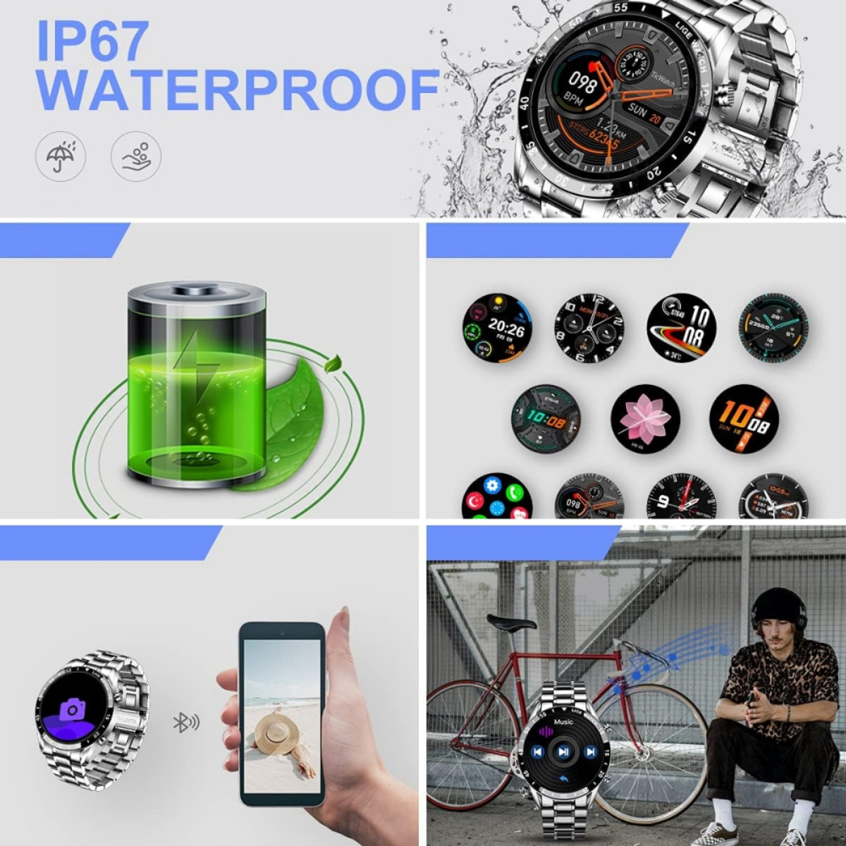 Collage aus Smartwatch, Akkusymbol, verschiedenen Zifferblättern, Telefon und Mann mit Fahrrad.