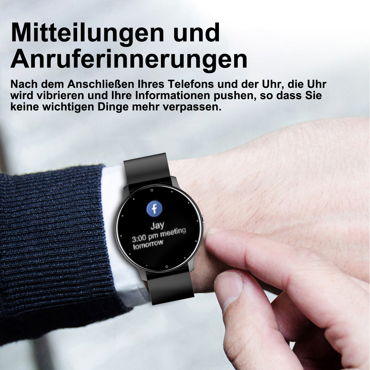 Das Handgelenk einer Person mit einer Smartwatch, die eine Terminerinnerung von Facebook anzeigt.