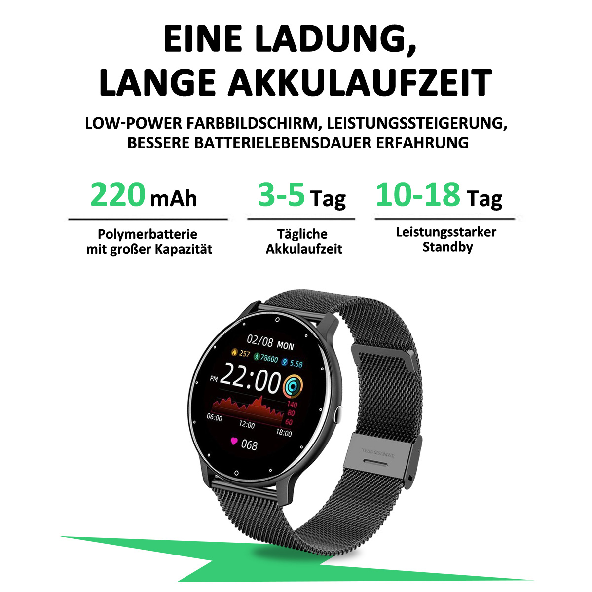 Eine schwarze Smartwatch mit Metallarmband, die Zeit und Gesundheitsdaten anzeigt, mit deutschem Text.
