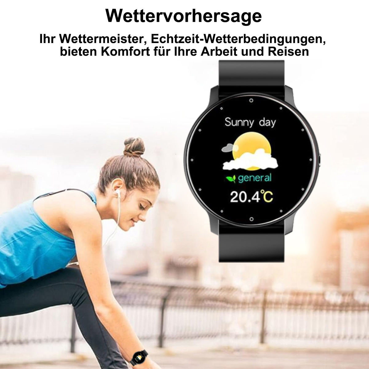 Eine Frau mit Kopfhörern, die eine Smartwatch mit Wettervorhersage betrachtet.