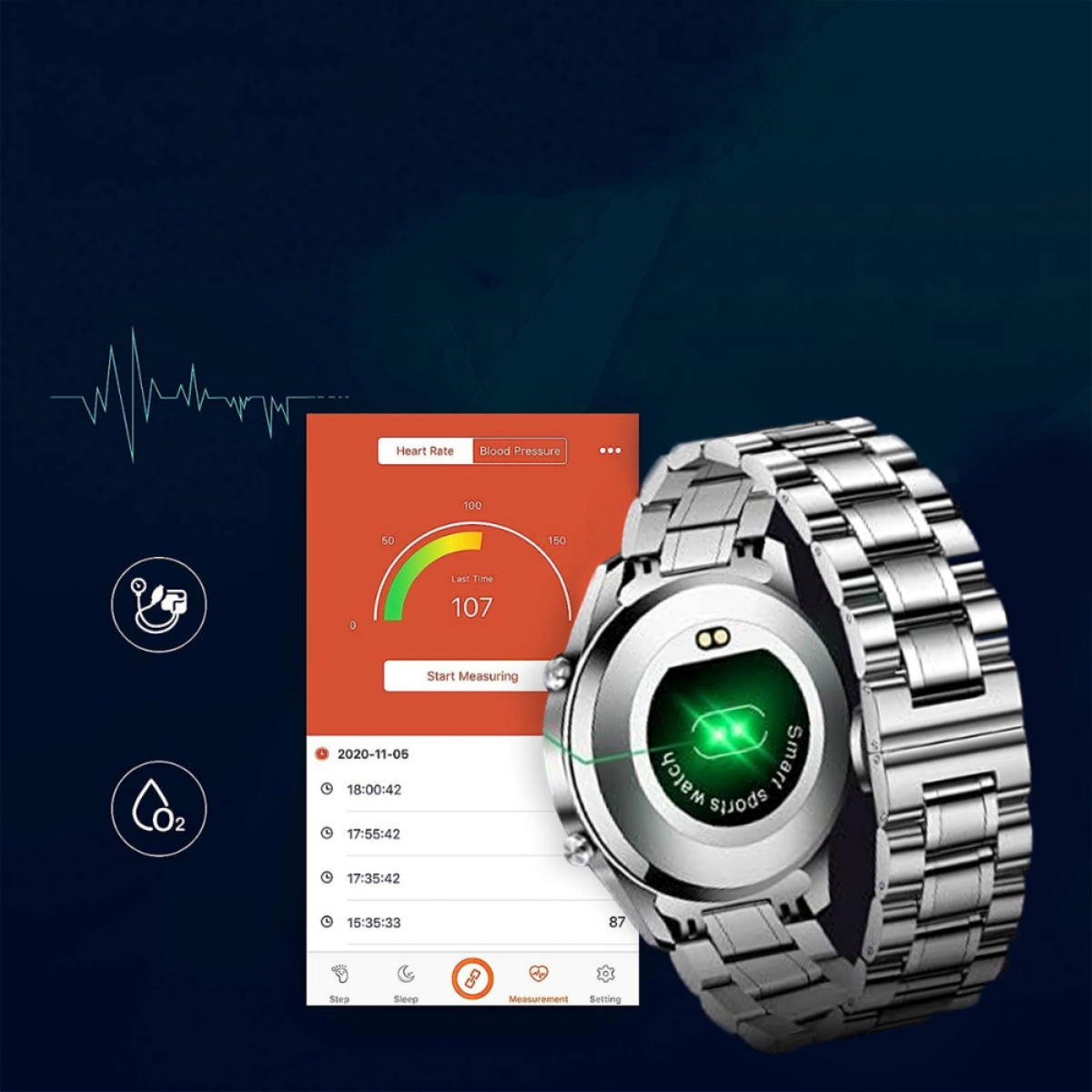 Eine Smartwatch mit silbernem Armband. Zeigt Herzfrequenz und Blutdruck auf dem Bildschirm.