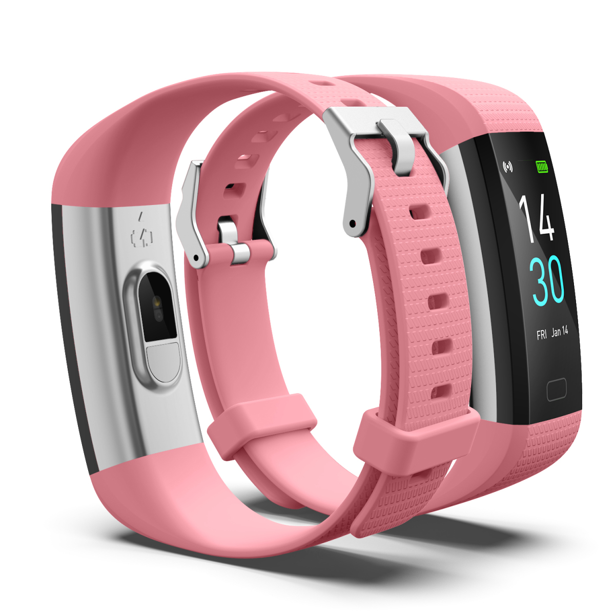 Zwei rosa Smartwatches sind nebeneinander angeordnet. Eine zeigt Zeit und Datum, die andere einen Sensor.