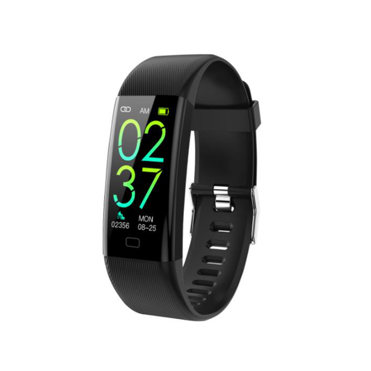 Schwarzer Fitnesstracker mit Uhrzeit und Datum. Weißer Hintergrund.