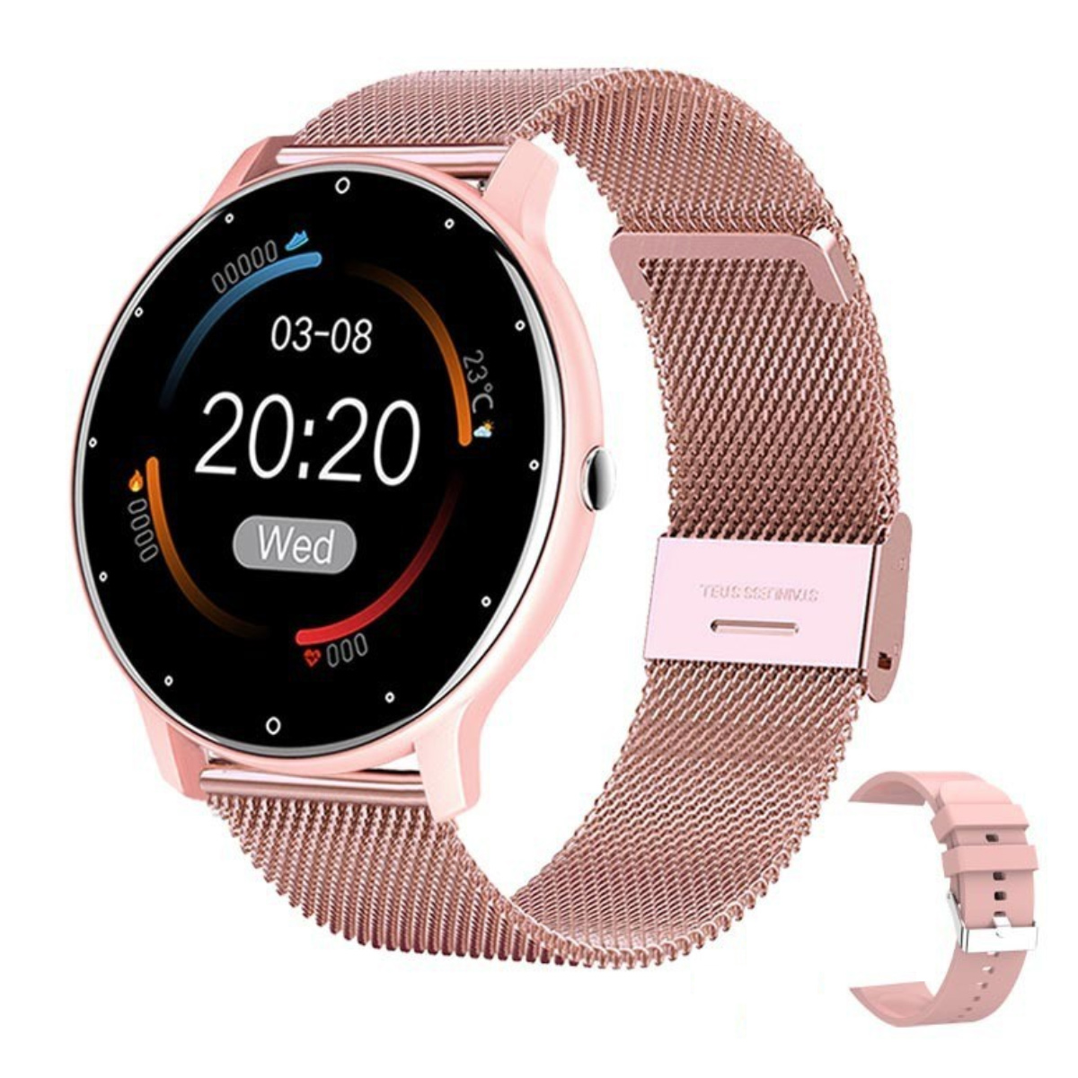 Eine rosa Smartwatch mit einem rosa Mesh-Armband und einem zweiten, rosa Armband. Sie zeigt die Zeit an.