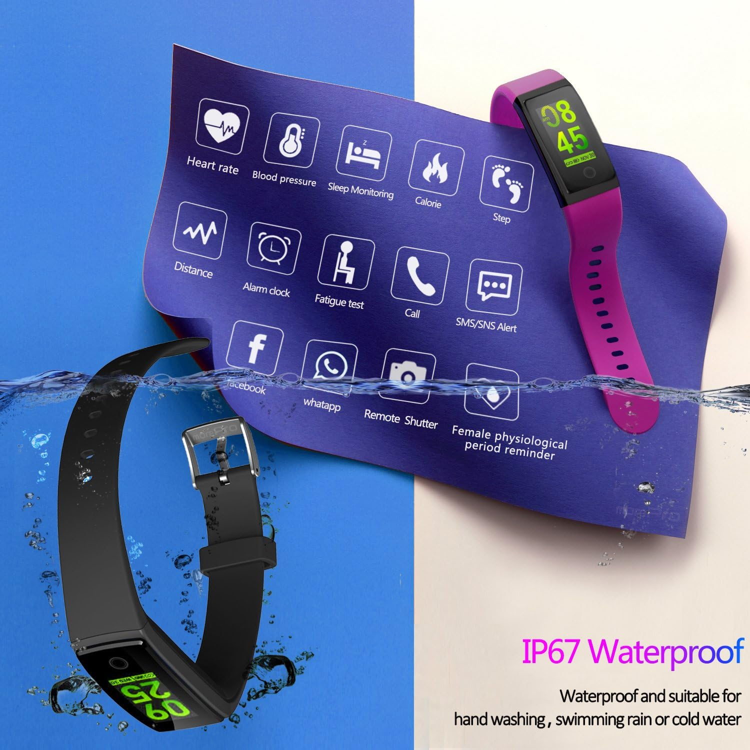 Eine Smartwatch mit rosa Armband und schwarzem Armband. Anzeigen und Symbole auf lila Hintergrund.