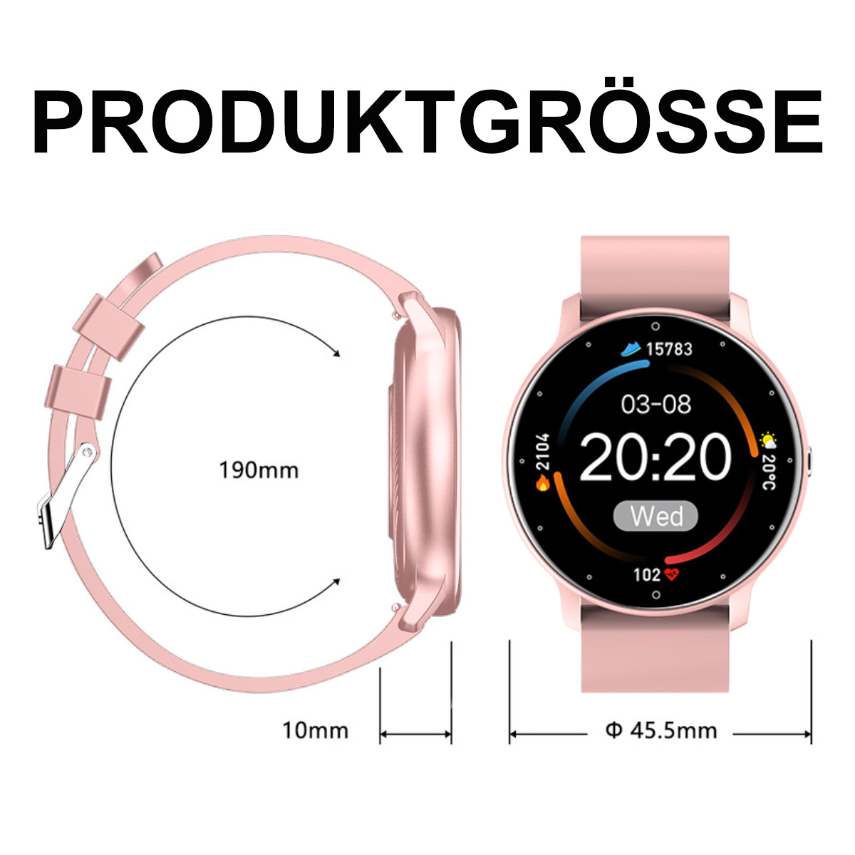 Rosa Smartwatch mit Maßen. Text PRODUKTGRÖSSE, Anzeige mit Uhrzeit. Rosa Armband.