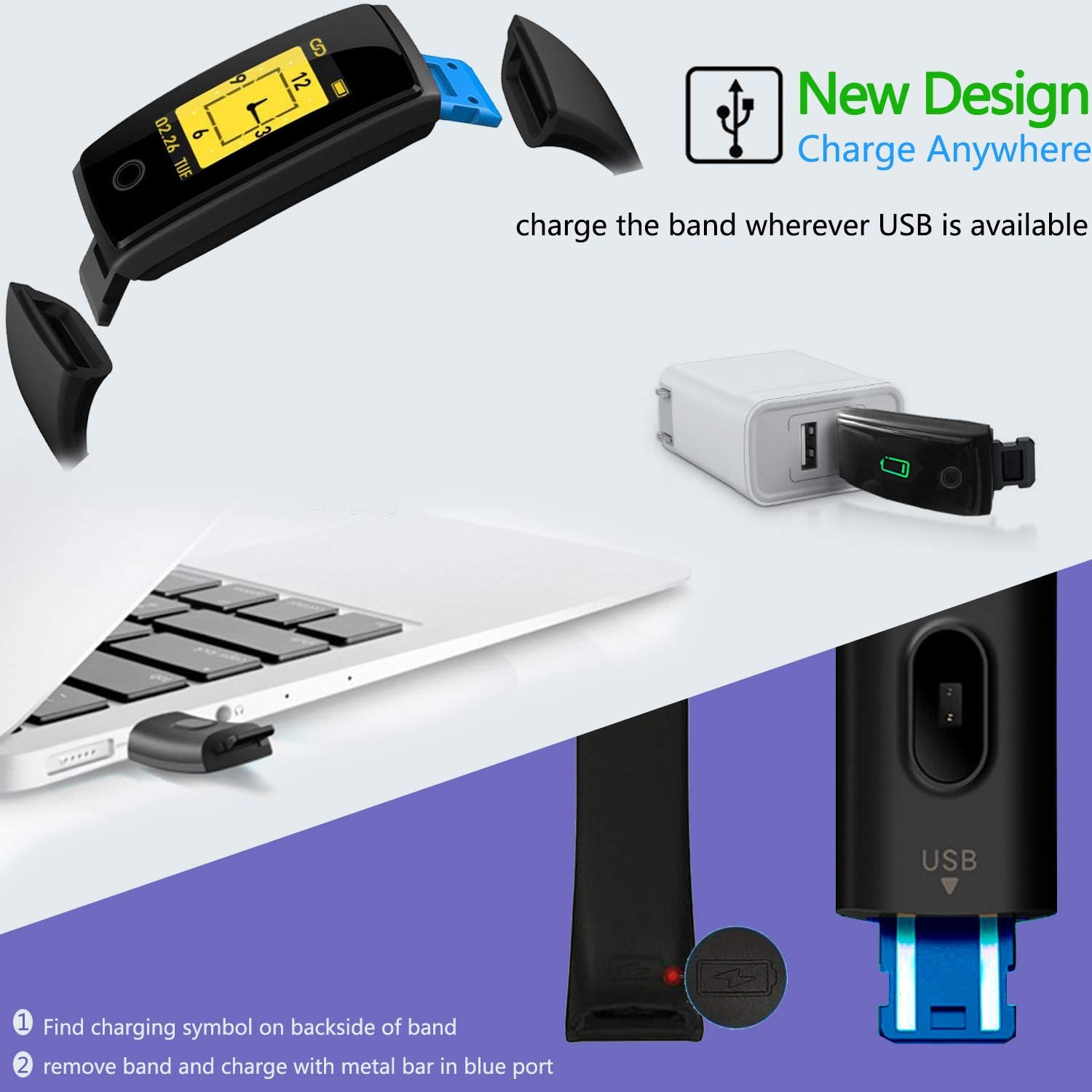 Diagramm zum Aufladen eines Fitnessbands. Enthält Band, USB-Ladegerät und ein Telefon.
