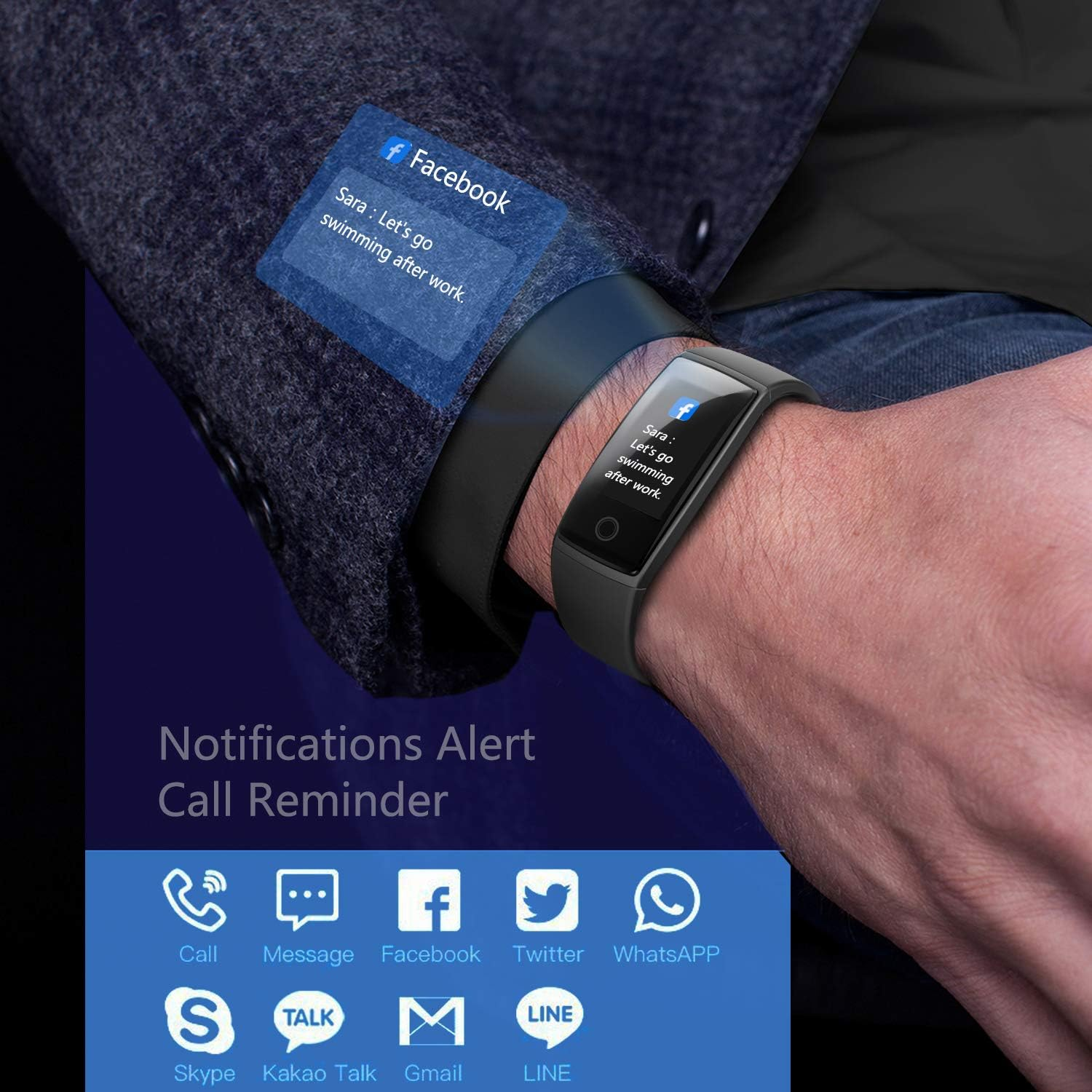Smartwatch zeigt eine Facebook-Benachrichtigung über Schwimmen nach der Arbeit.