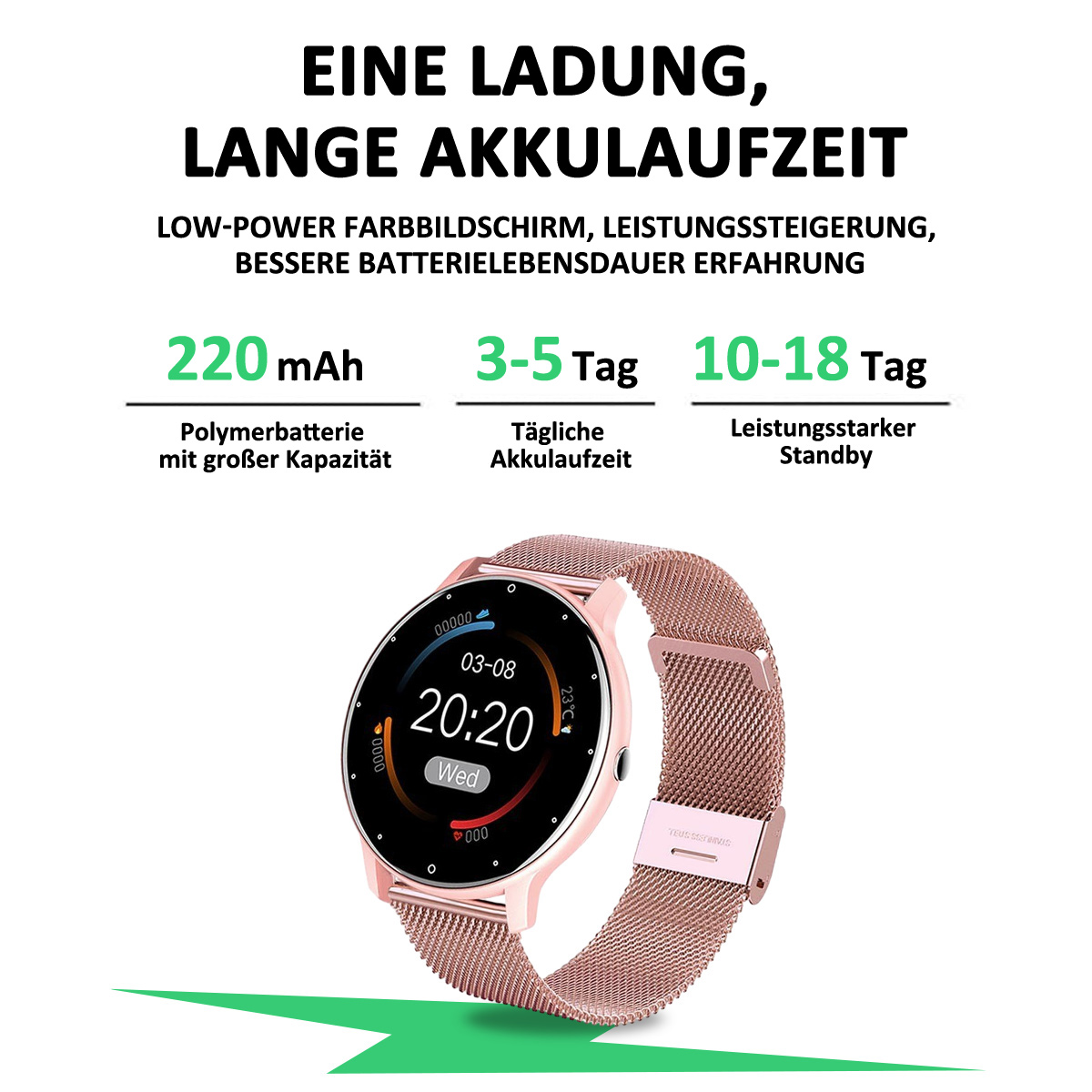Eine roségoldene Smartwatch mit Mesh-Armband, die Akkulaufzeit und Zeit anzeigt.