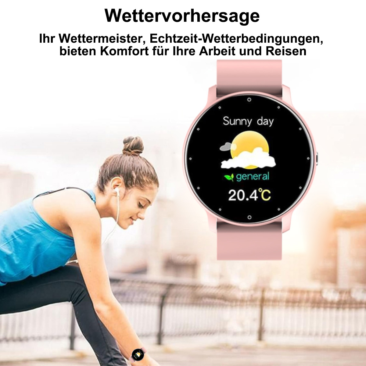 Eine Frau schaut auf eine rosa Smartwatch. Die Uhr zeigt das Wetter als sonnig und 20,4°C an.