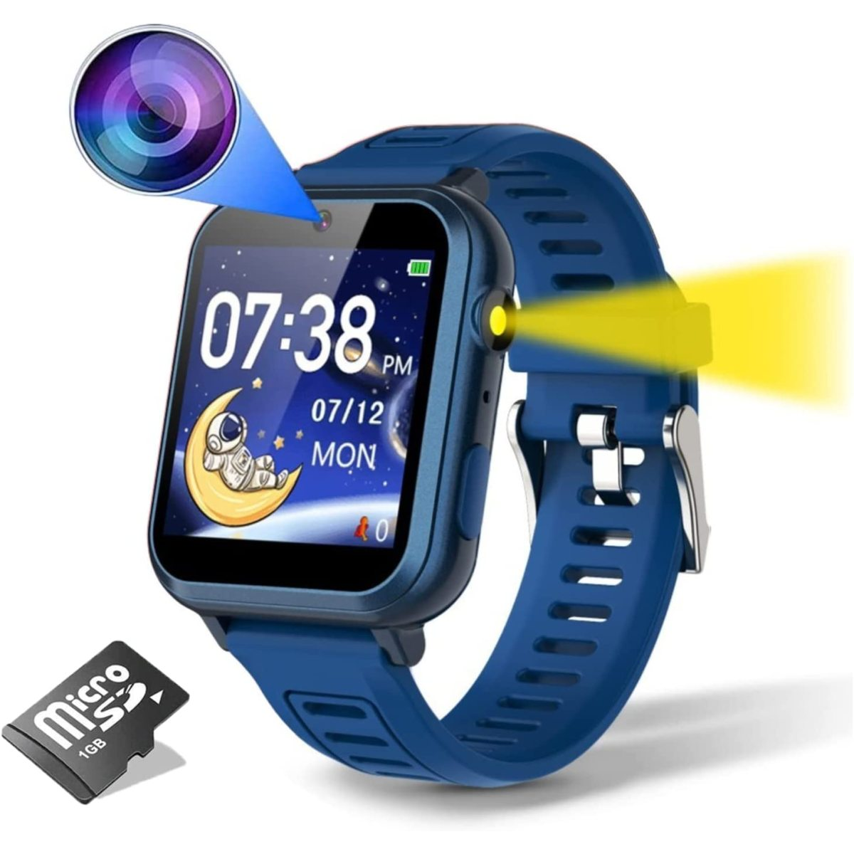 Blaue Smartwatch mit Kamera, Bildschirm mit Uhrzeit und Mondgrafik, sowie eine Micro-SD-Karte.