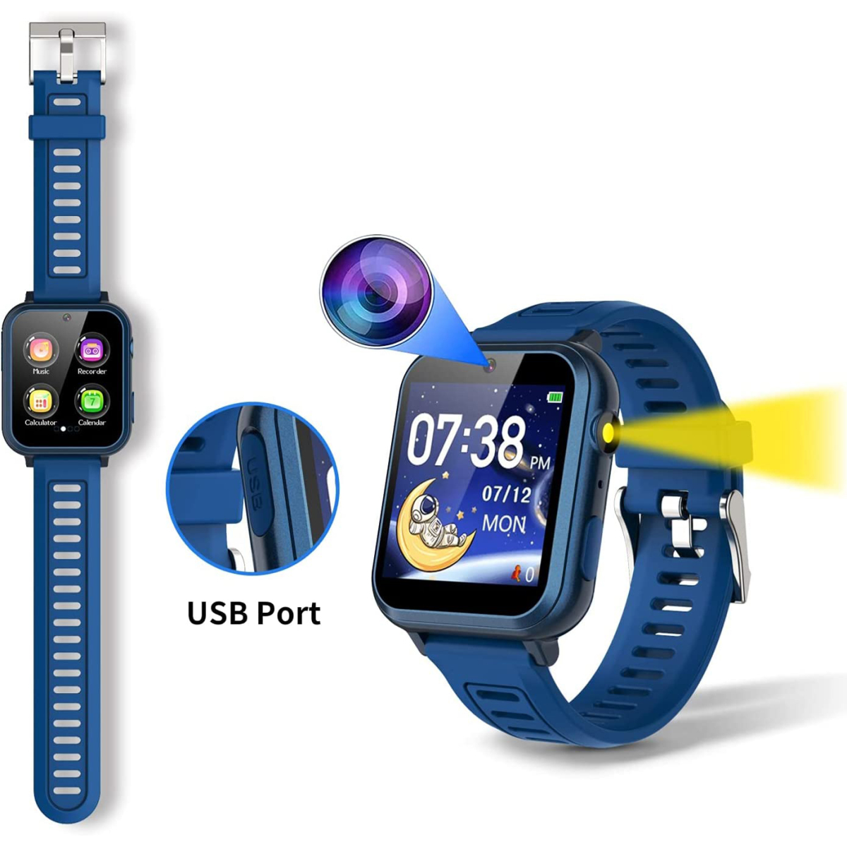 Eine blaue Smartwatch zeigt die Zeit an. Sie hat eine Kamera und einen USB-Anschluss.
