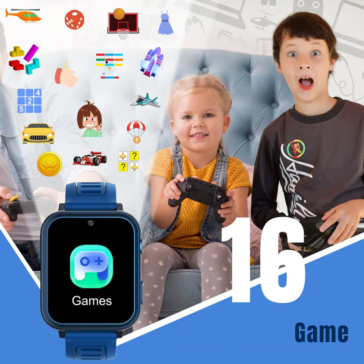 Zwei Kinder mit einer Spieleuhr und Spielsymbolen.