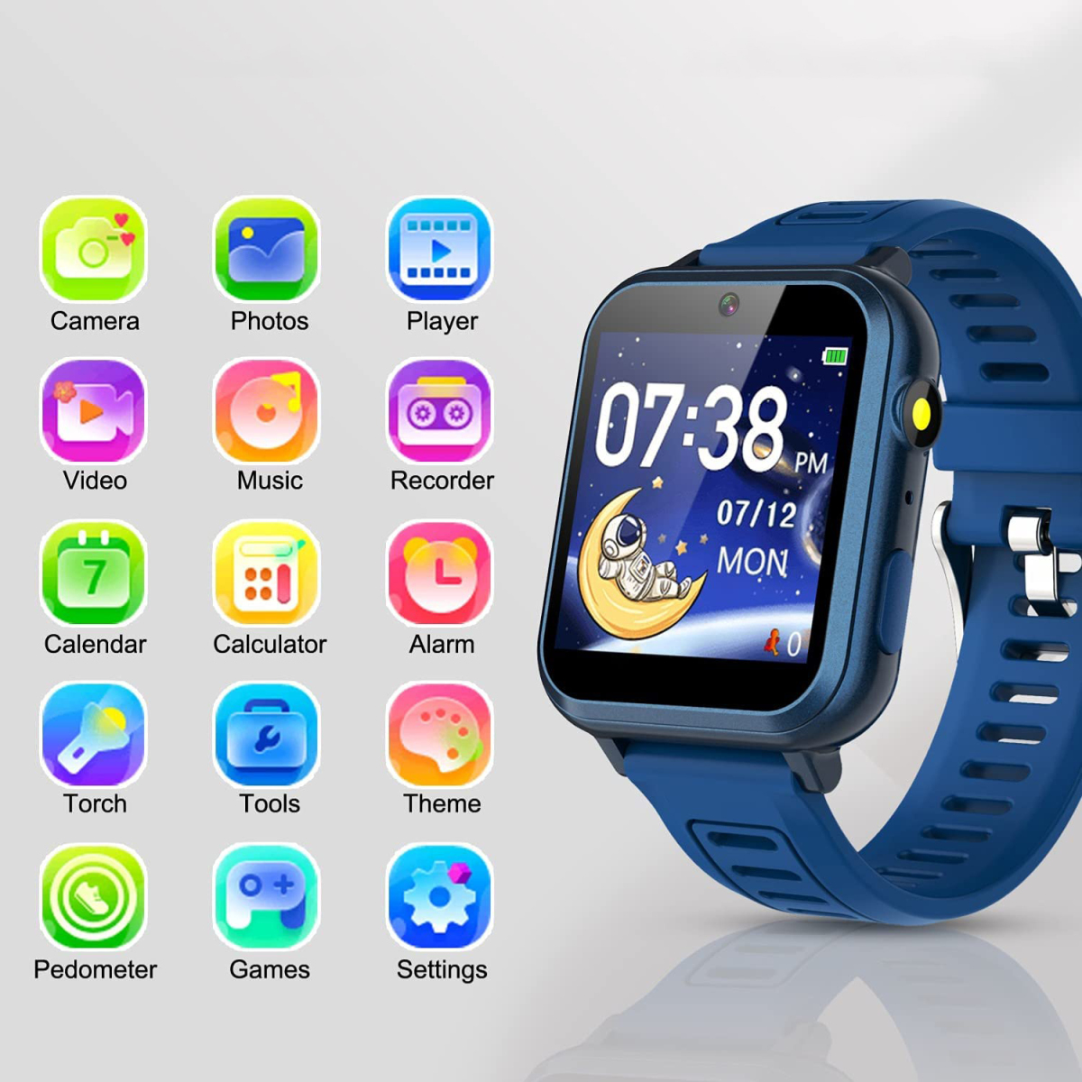 Eine Smartwatch mit Symbolen für Kamera, Fotos, Video, Musik und mehr.